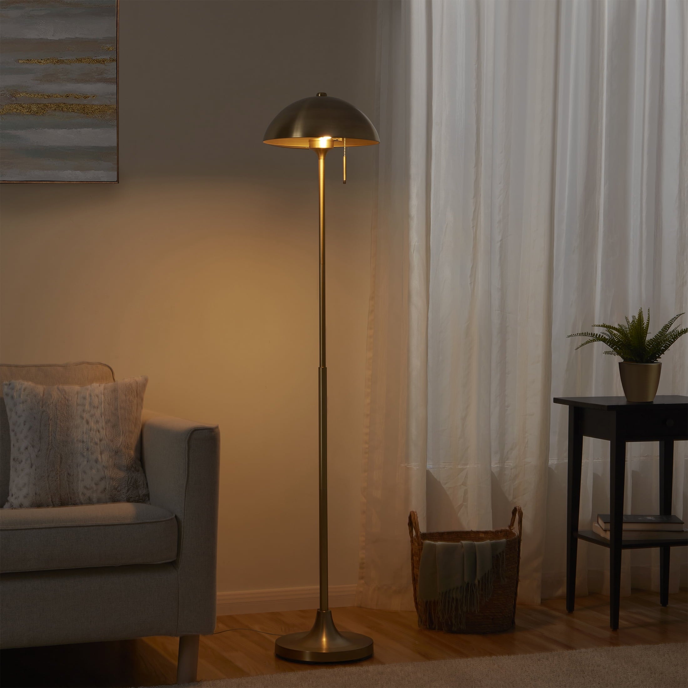  62" Modern Pull-chain Brass Floor Lamp with Brass Dome Shade