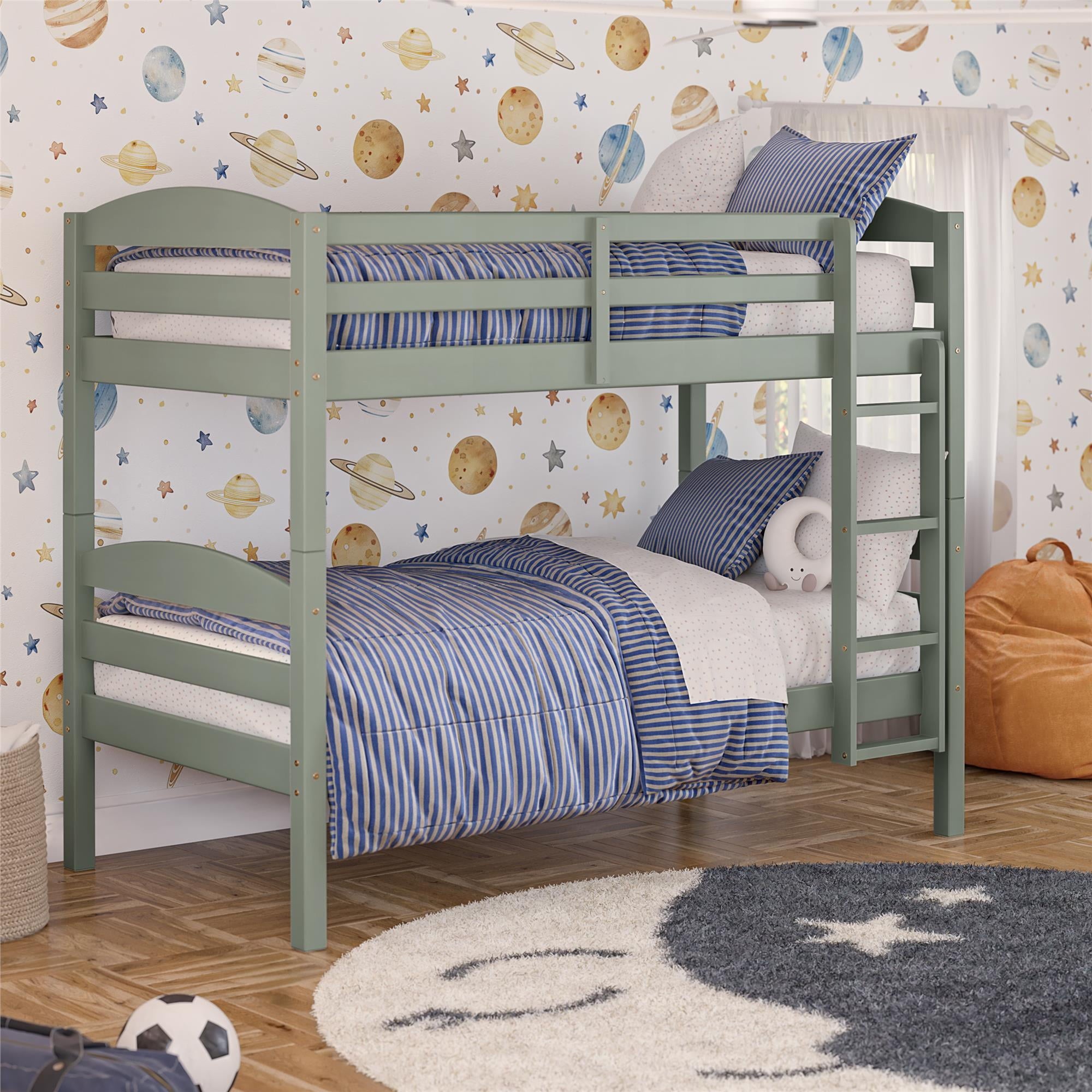 (2 pack)  Leighton Kids Solid Wood Twin-over-Twin Convertible Bunk Bed with Ladder and Guardrails, Sage Green