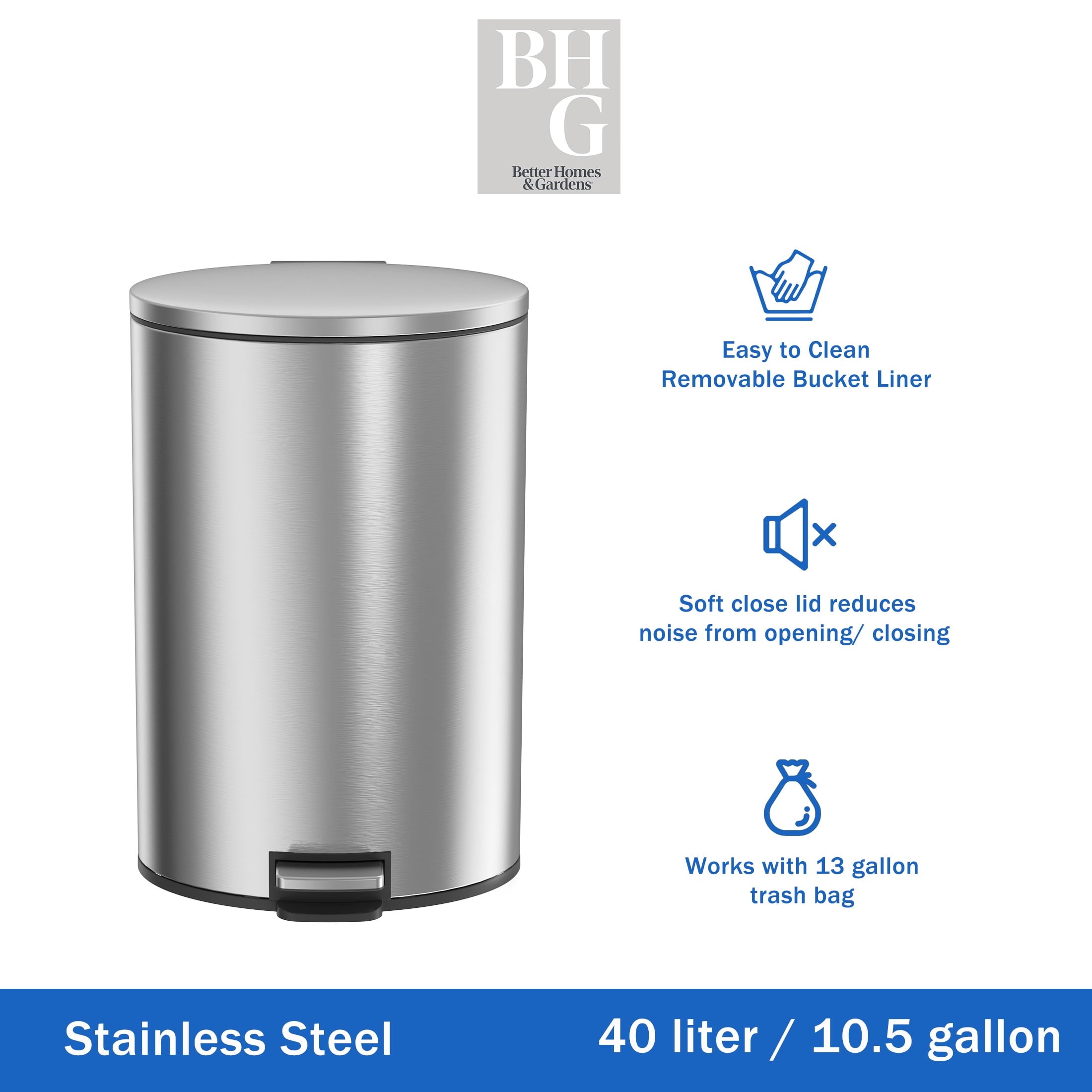 Kitchen Trash Can, 10.5 Gallon Stainless Steel Oval Step Garbage Bin with Soft Close Lid, Silver