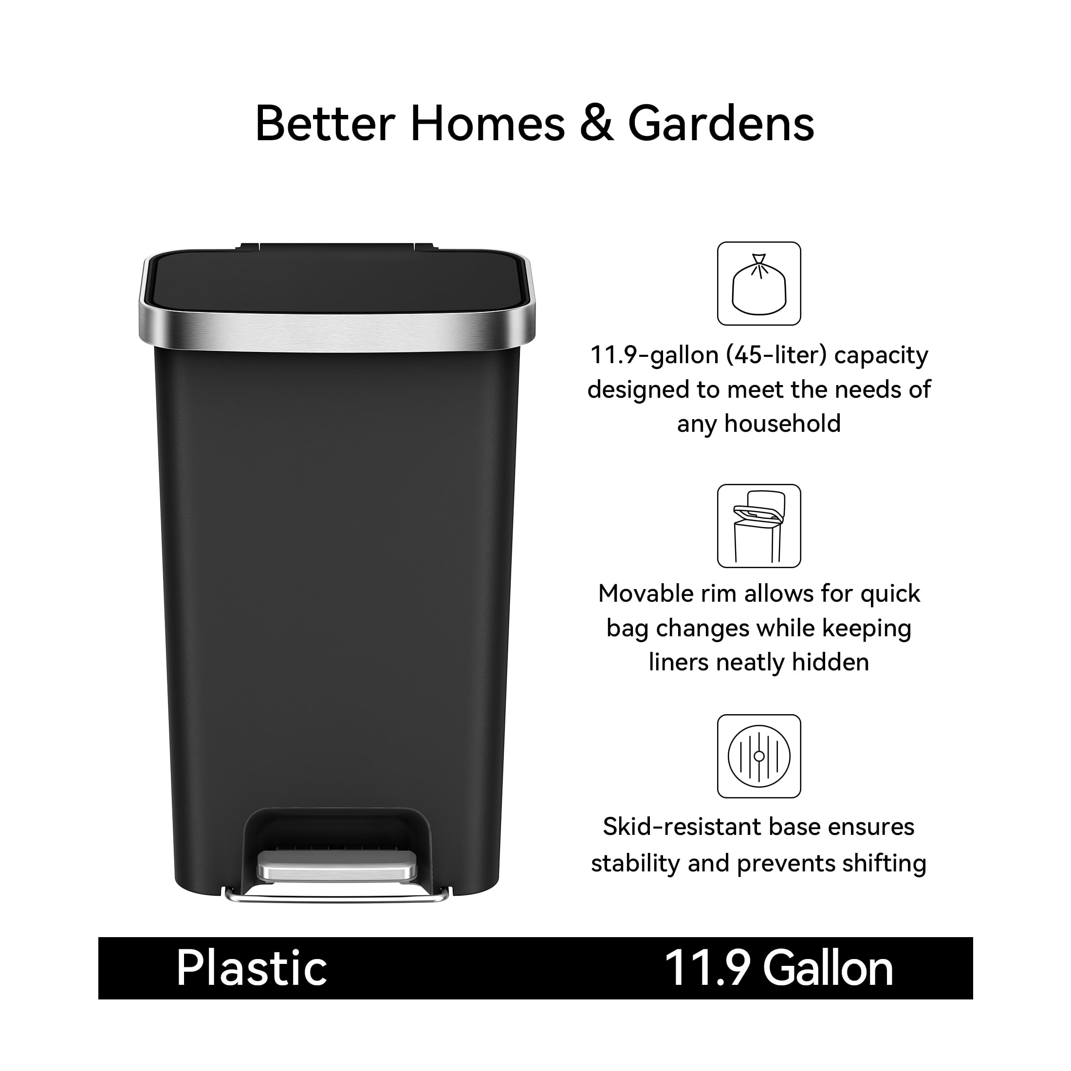  Kitchen Trash Can, 11.9 Gallon Plastic Step Garbage Bin with Soft Close Lid, Black