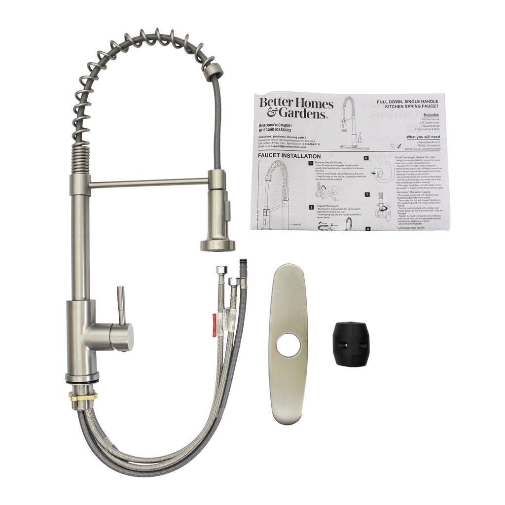  Elmont Single Handle Pull-Down Kitchen Faucet with Spring Neck, Satin Nickel