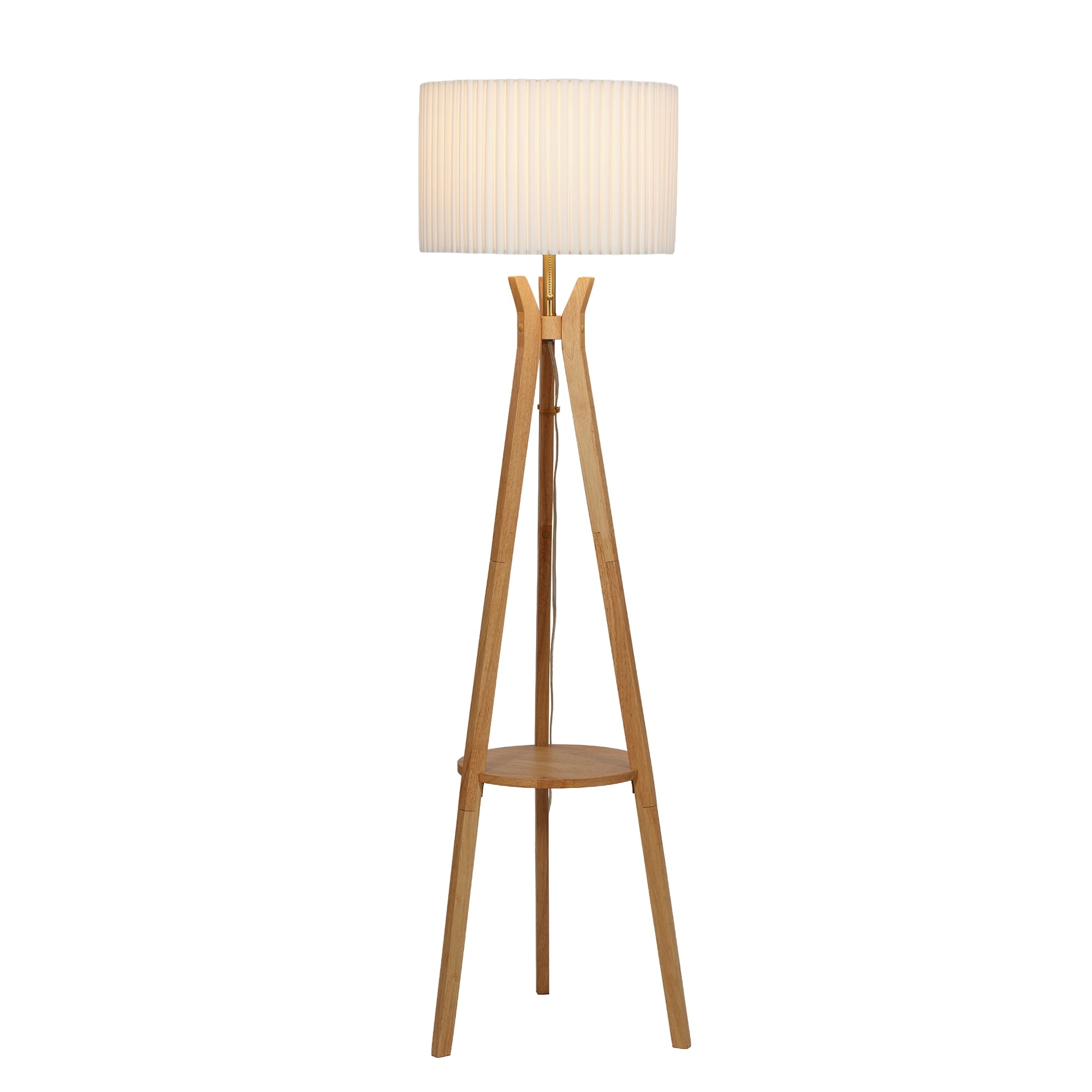  63" Natural Wood Tripod Floor Lamp with Pleated Shade