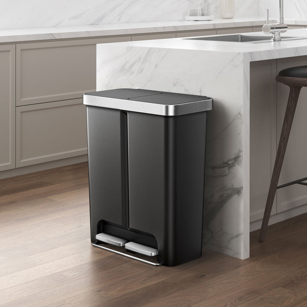  Kitchen Recycle Trash Can, 16 Gallon Plastic Dual Compartment Step Garbage Bin, Black