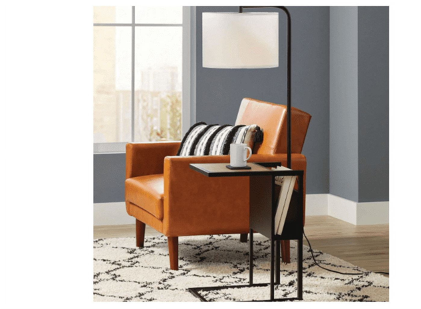  54"  Matte Black Metal Floor Lamp with Faux Wood Table and Magazine Rack