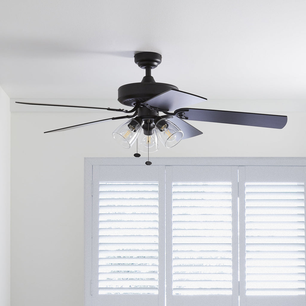  52" Matte Black Indoor Ceiling Fan with Light, 5 Blades, Pull Chains & Reverse Airflow
