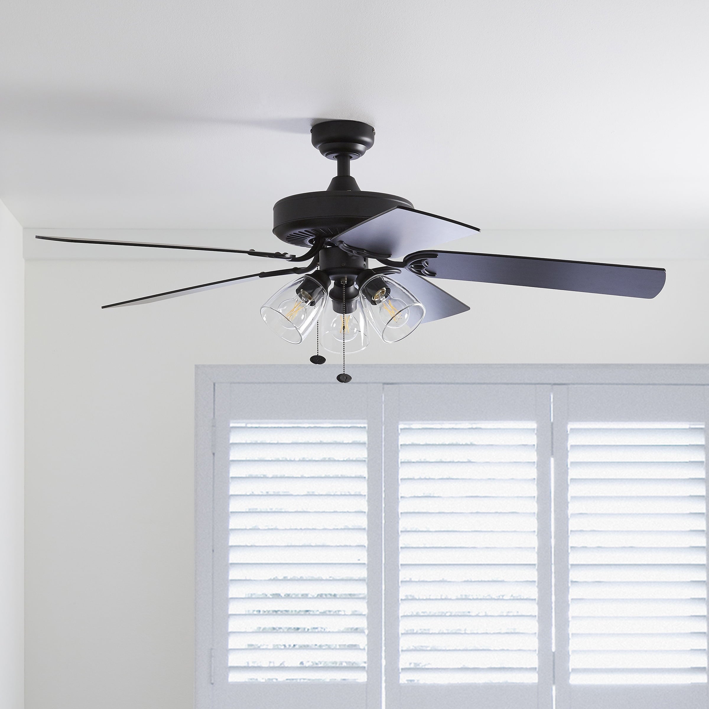  52" Matte Black Indoor Ceiling Fan with Light, 5 Blades, Pull Chains & Reverse Airflow