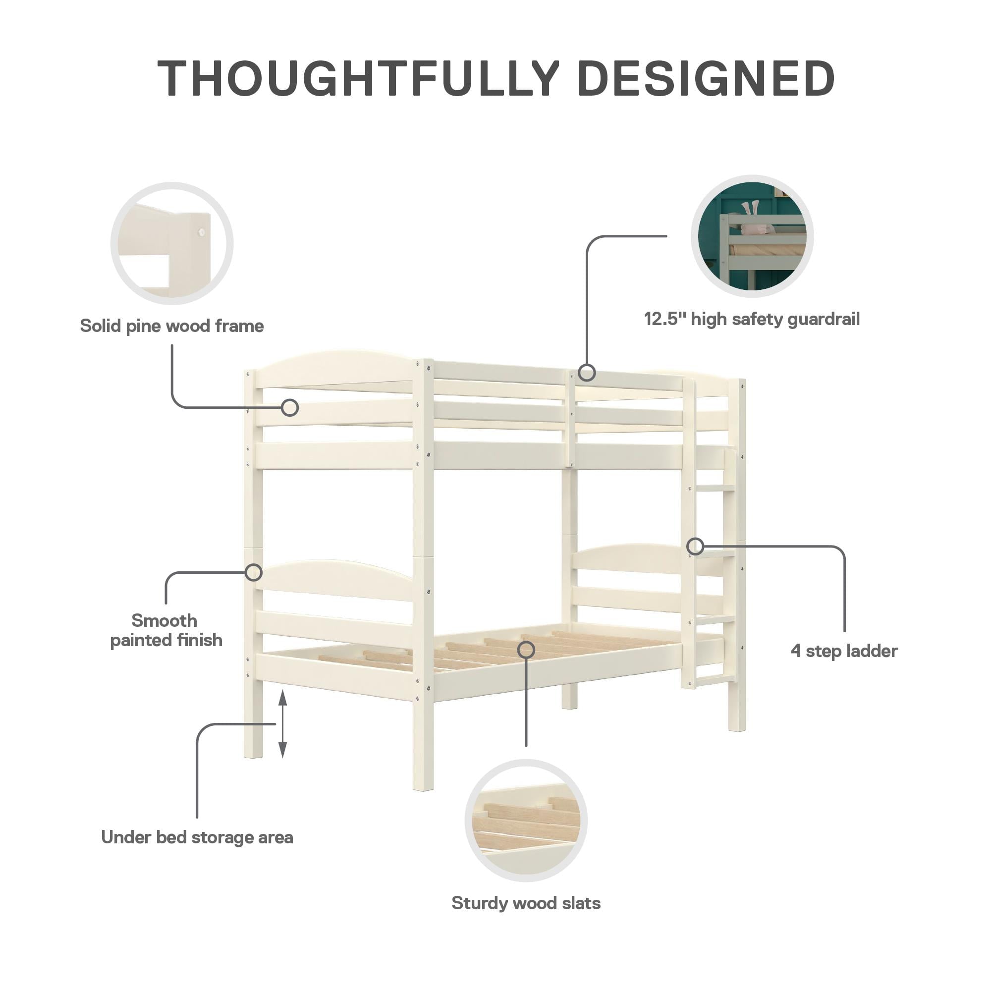  Leighton Solid Wood Twin-over-Twin Convertible Bunk Bed, Vanilla