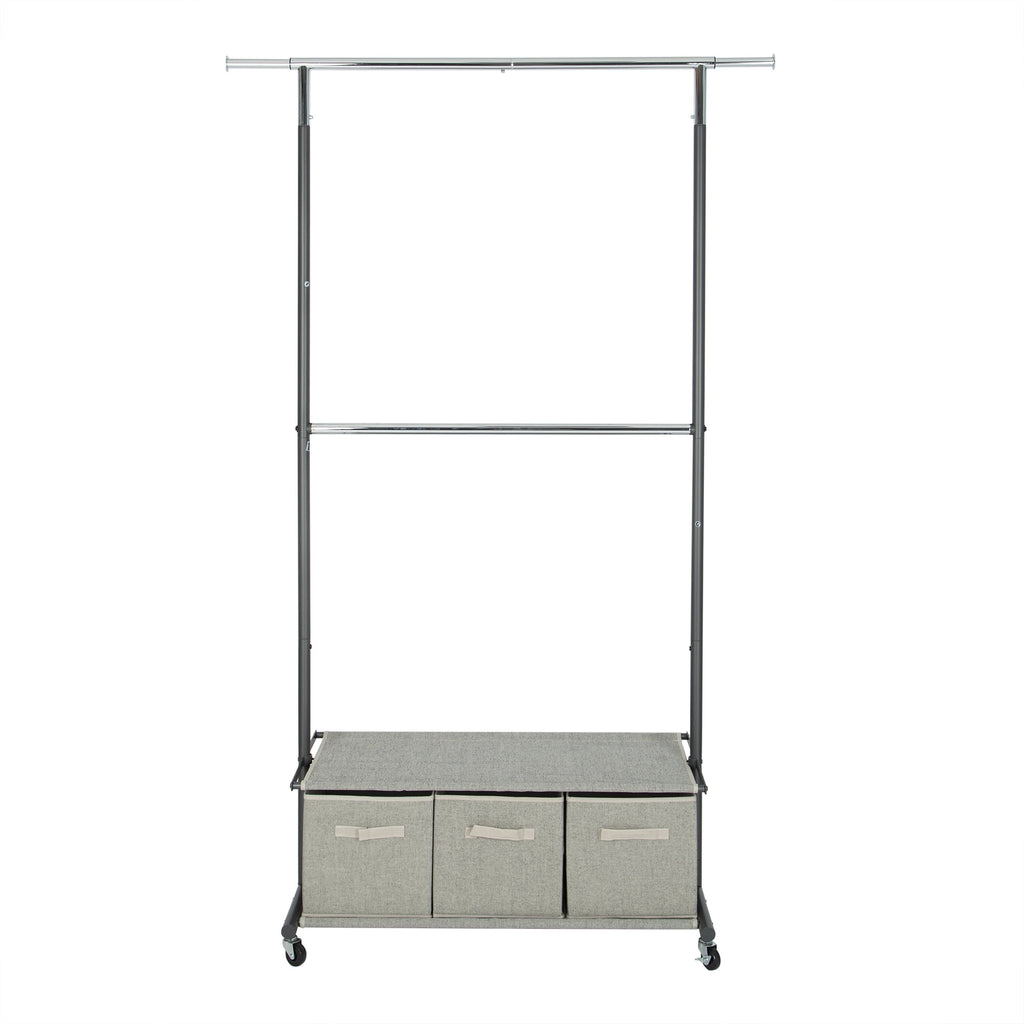  2-Tier Metal Rolling Garment Rack with 3 Drawer Closet Organizer, Gray