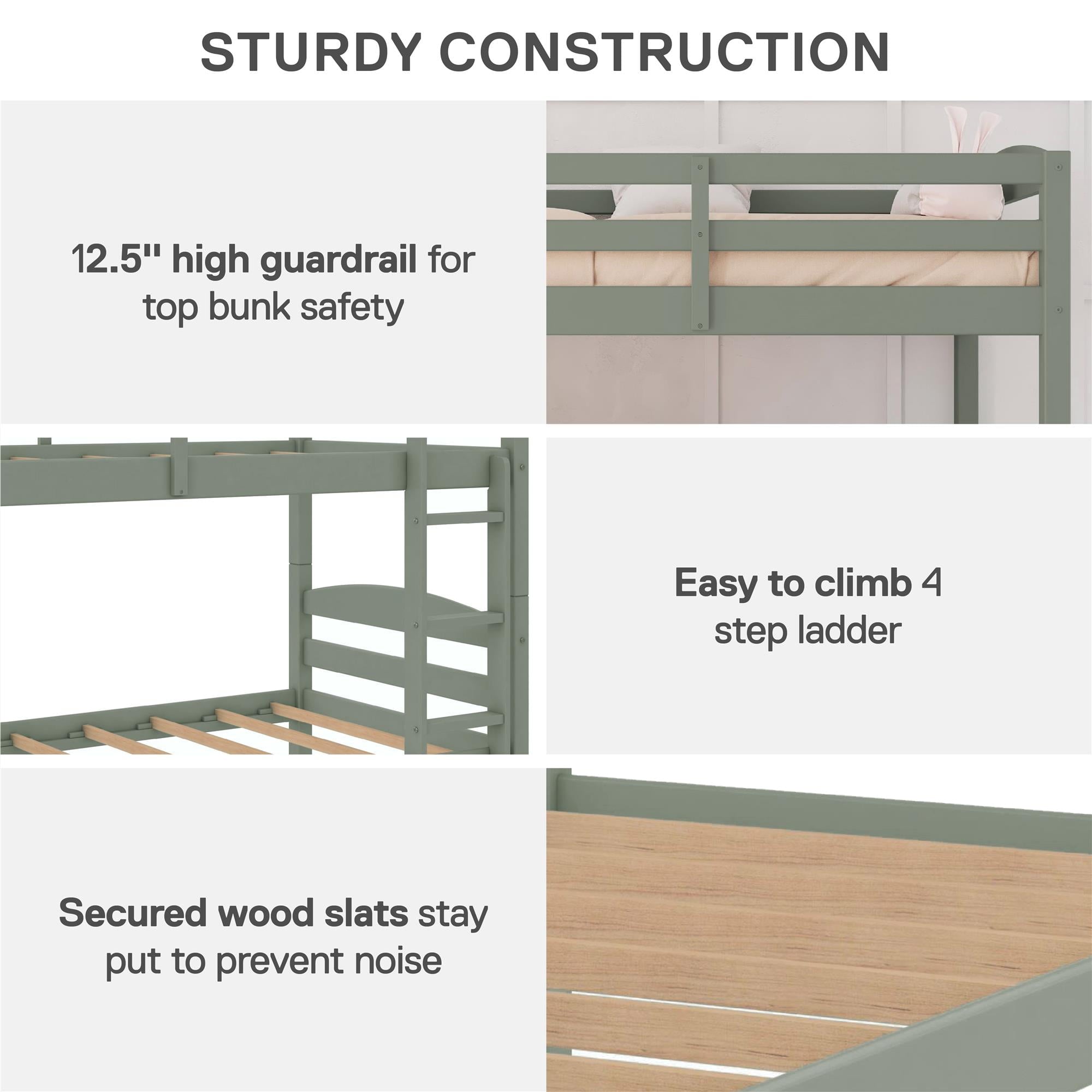 (2 pack)  Leighton Kids Solid Wood Twin-over-Twin Convertible Bunk Bed with Ladder and Guardrails, Sage Green