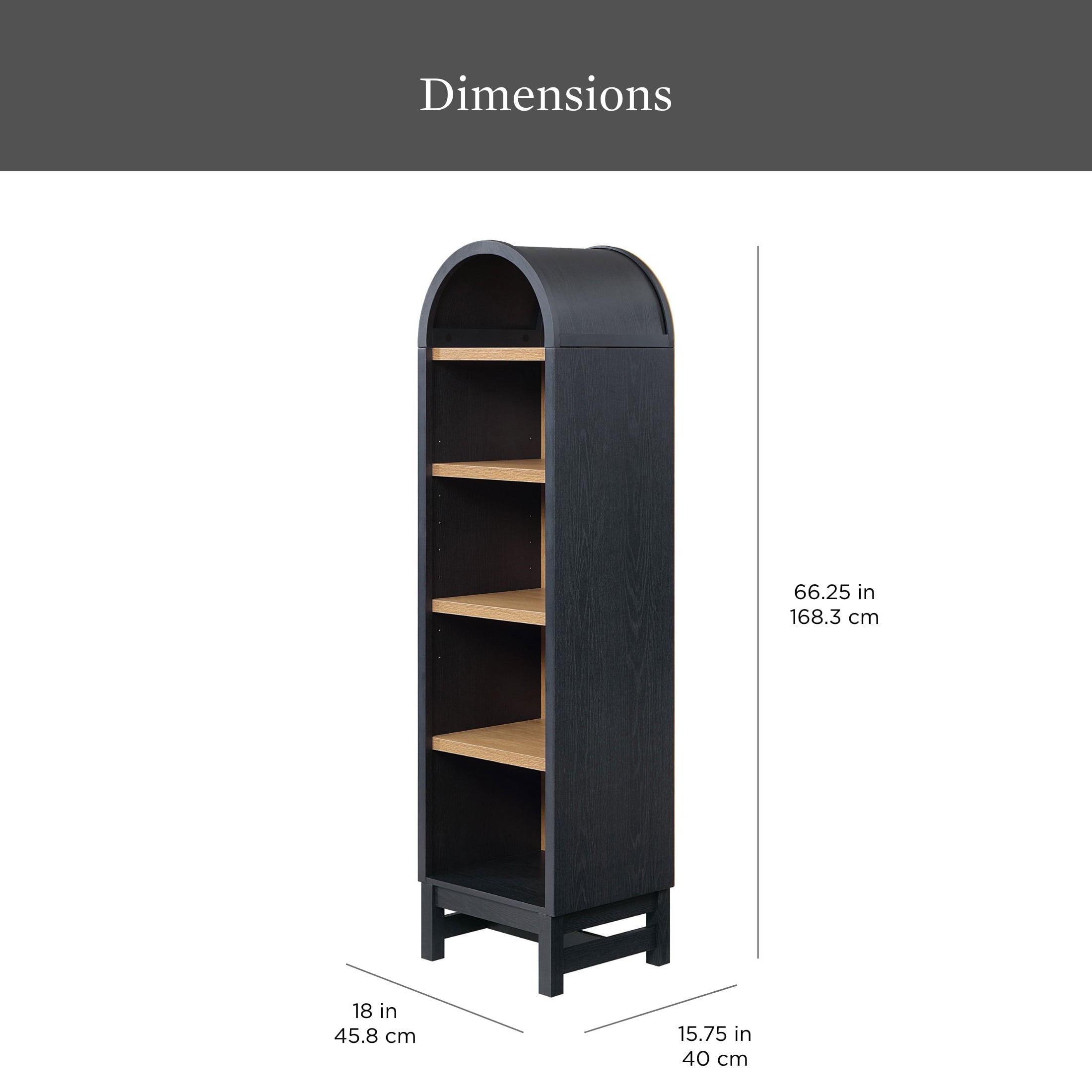  Juliet Narrow Arch Bookcase, Rich Black and Light Honey