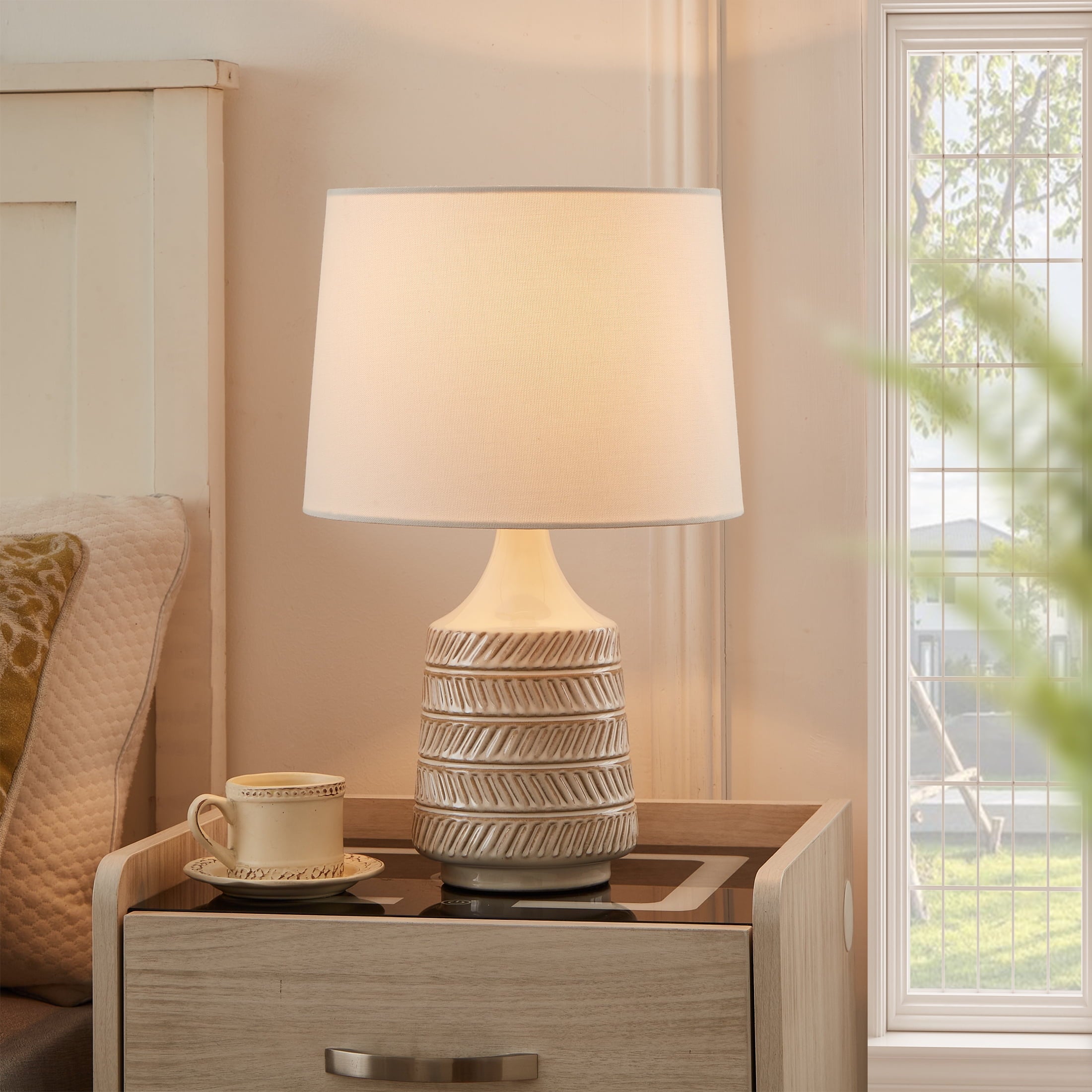  17"H Reactive Glaze Ceramic Table Lamp with White Fabric Shade