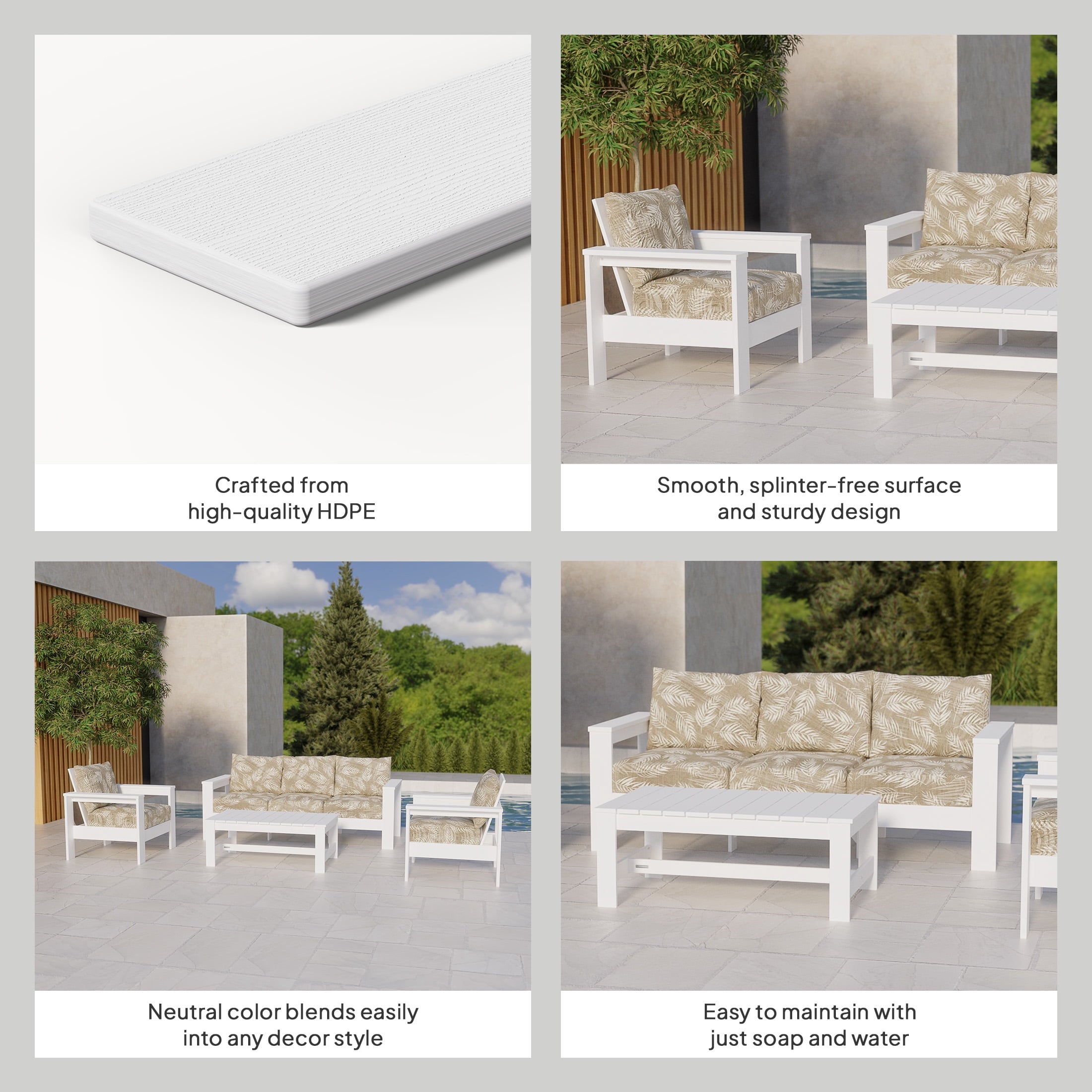  Ezra 4-Piece Outdoor HDPE Conversation Set, White with Neutral Palm Cushions