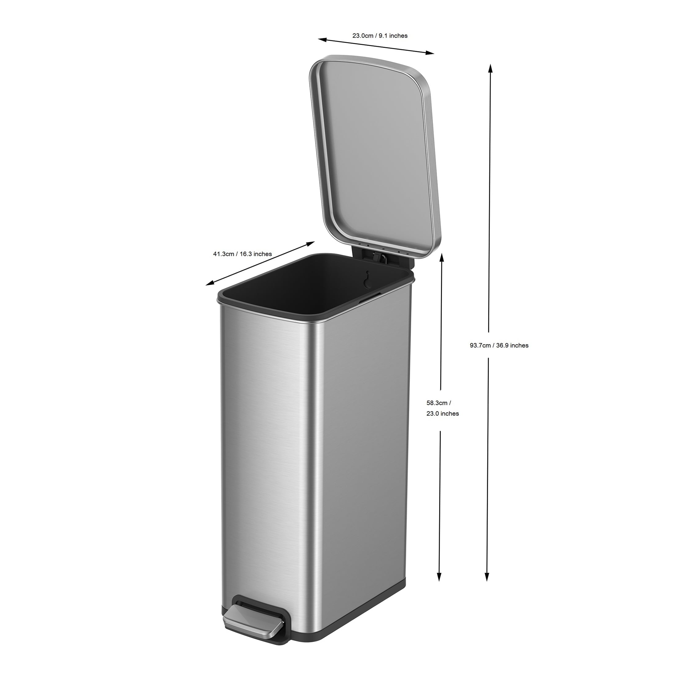  Kitchen Trash Can, 7.9 Gallon Stainless Steel Slim Step Garbage Bin with Soft Close Lid, Silver
