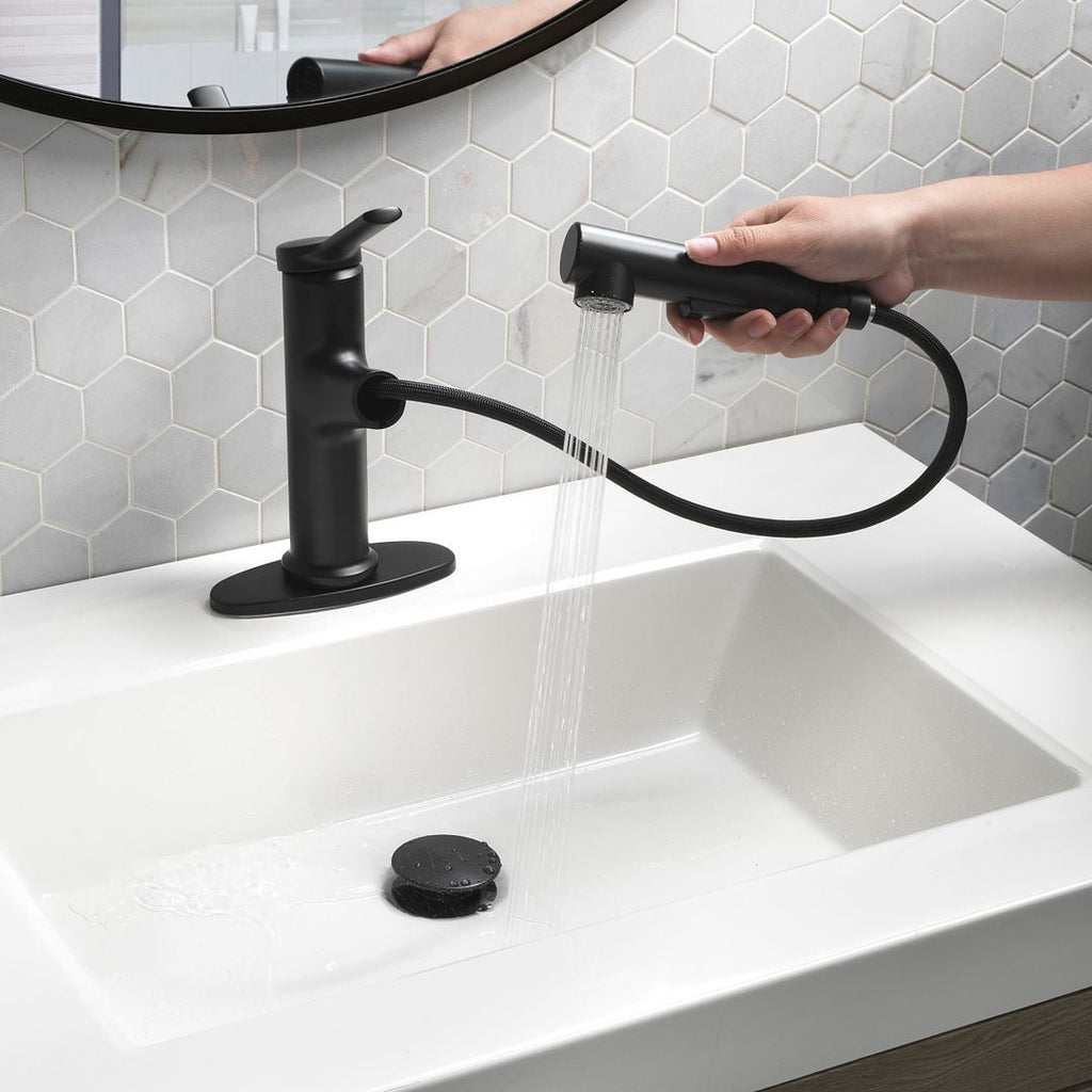  Pull-Out Bathroom Sink Faucet with Pop-up Drain and Optional Deckplate, Matte Black