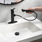  Pull-Out Bathroom Sink Faucet with Pop-up Drain and Optional Deckplate, Matte Black
