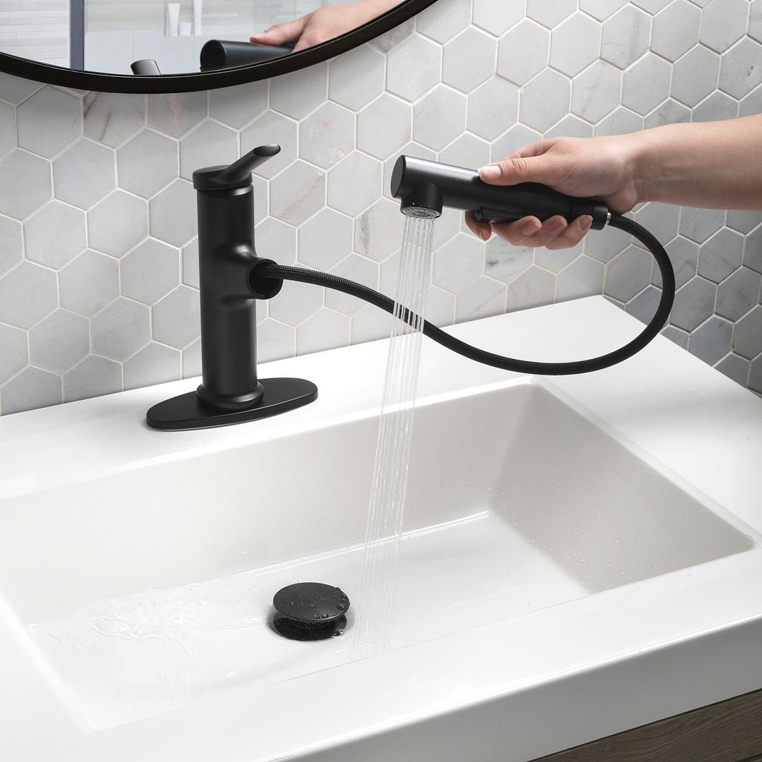  Pull-Out Bathroom Sink Faucet with Pop-up Drain and Optional Deckplate, Matte Black