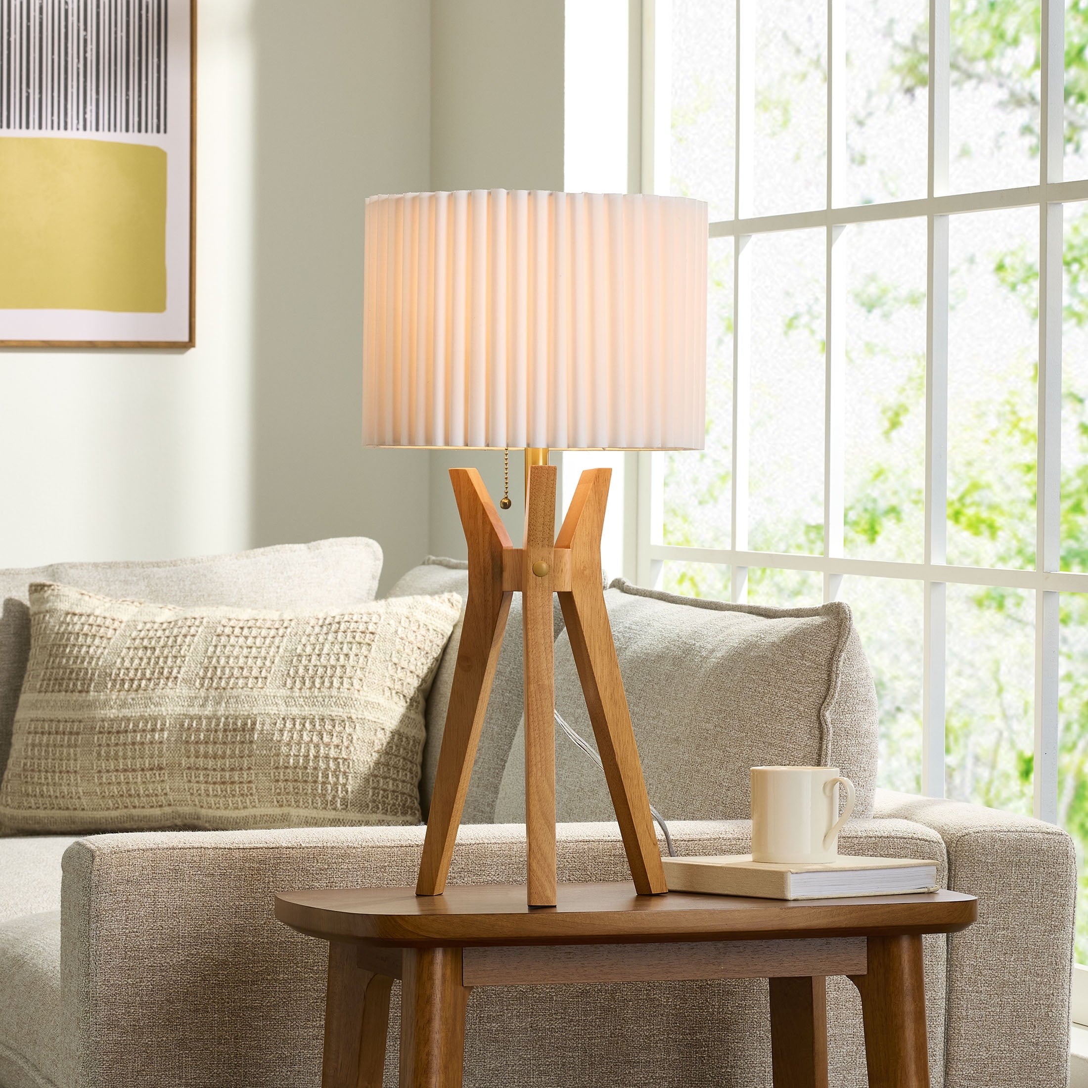  24" Tripod Table Lamp with Natural Wood Base and Pleated Shade