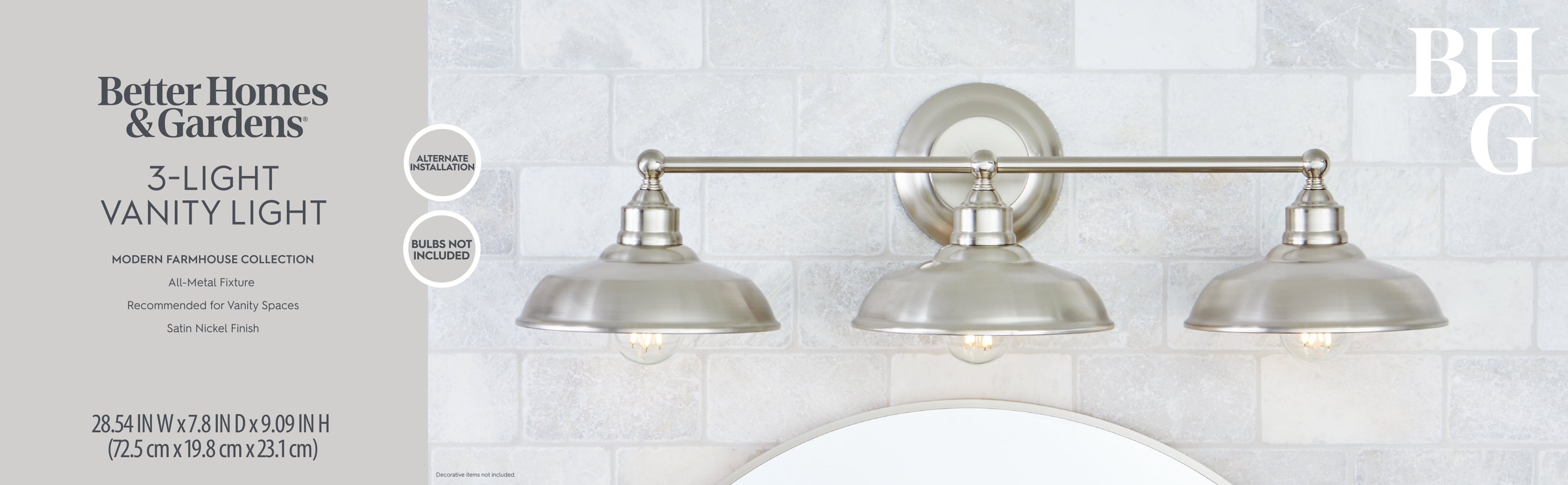  28.5" Farmhouse-Style 3-Head Vanity Light , Satin Nickel Finish, E26 Socketed