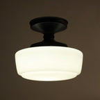  12in Black Metal and Milk Glass Semi Flush Light, Bulb Not Included