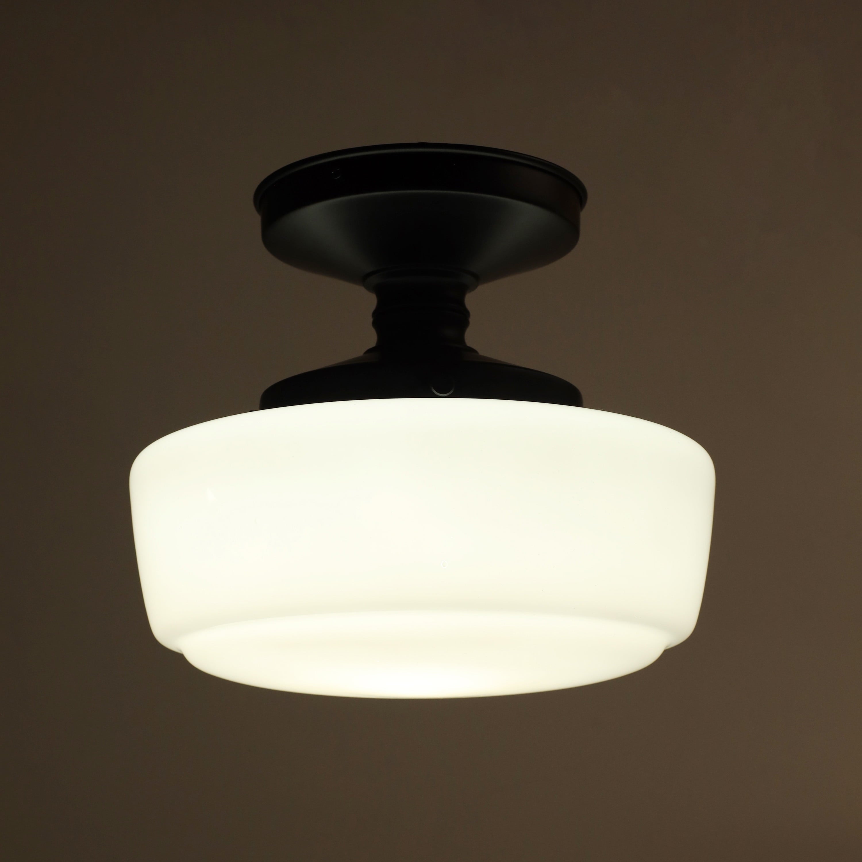  12in Black Metal and Milk Glass Semi Flush Light, Bulb Not Included