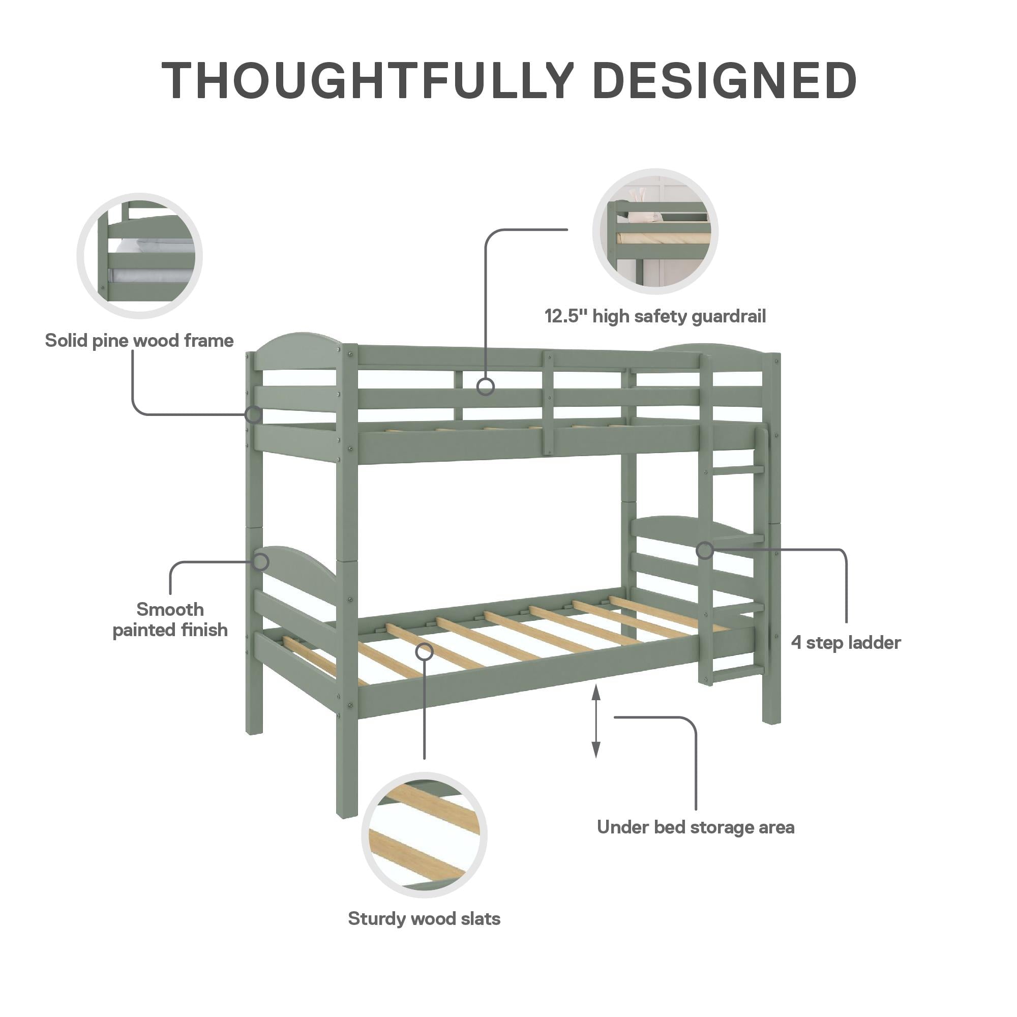 (2 pack)  Leighton Kids Solid Wood Twin-over-Twin Convertible Bunk Bed with Ladder and Guardrails, Sage Green