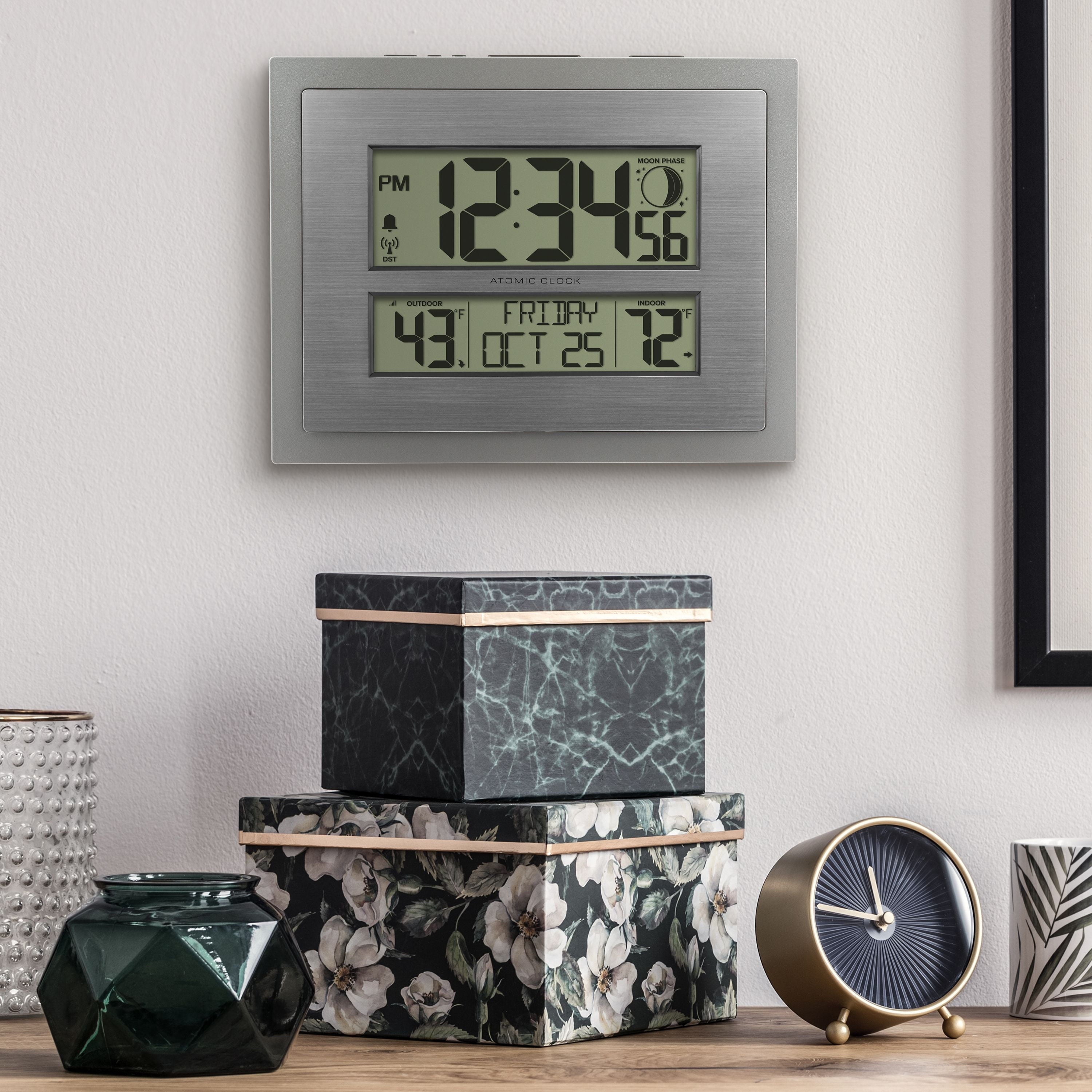  Silver Atomic Wall/Table Clock with Moon Phase & Calendar