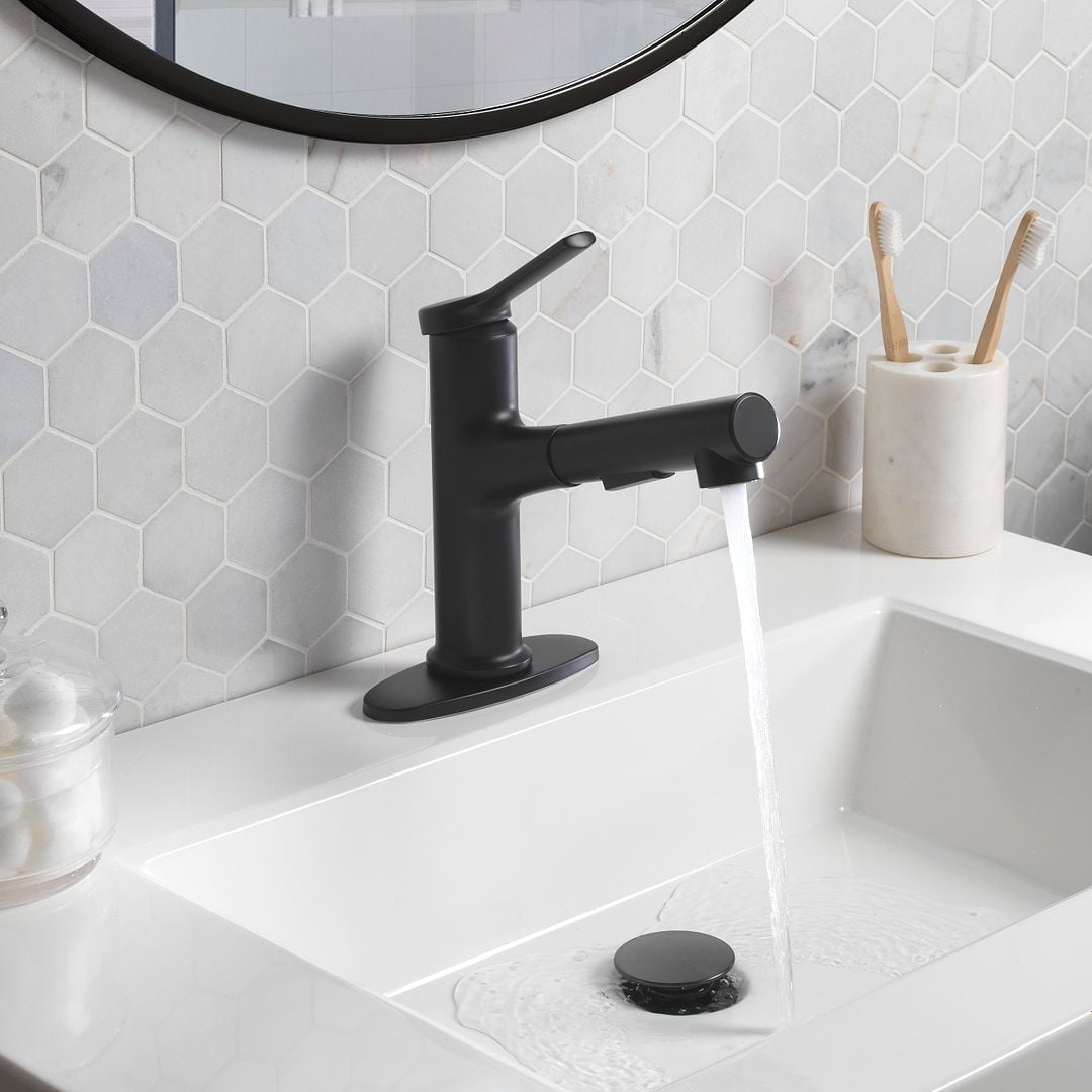  Pull-Out Bathroom Sink Faucet with Pop-up Drain and Optional Deckplate, Matte Black