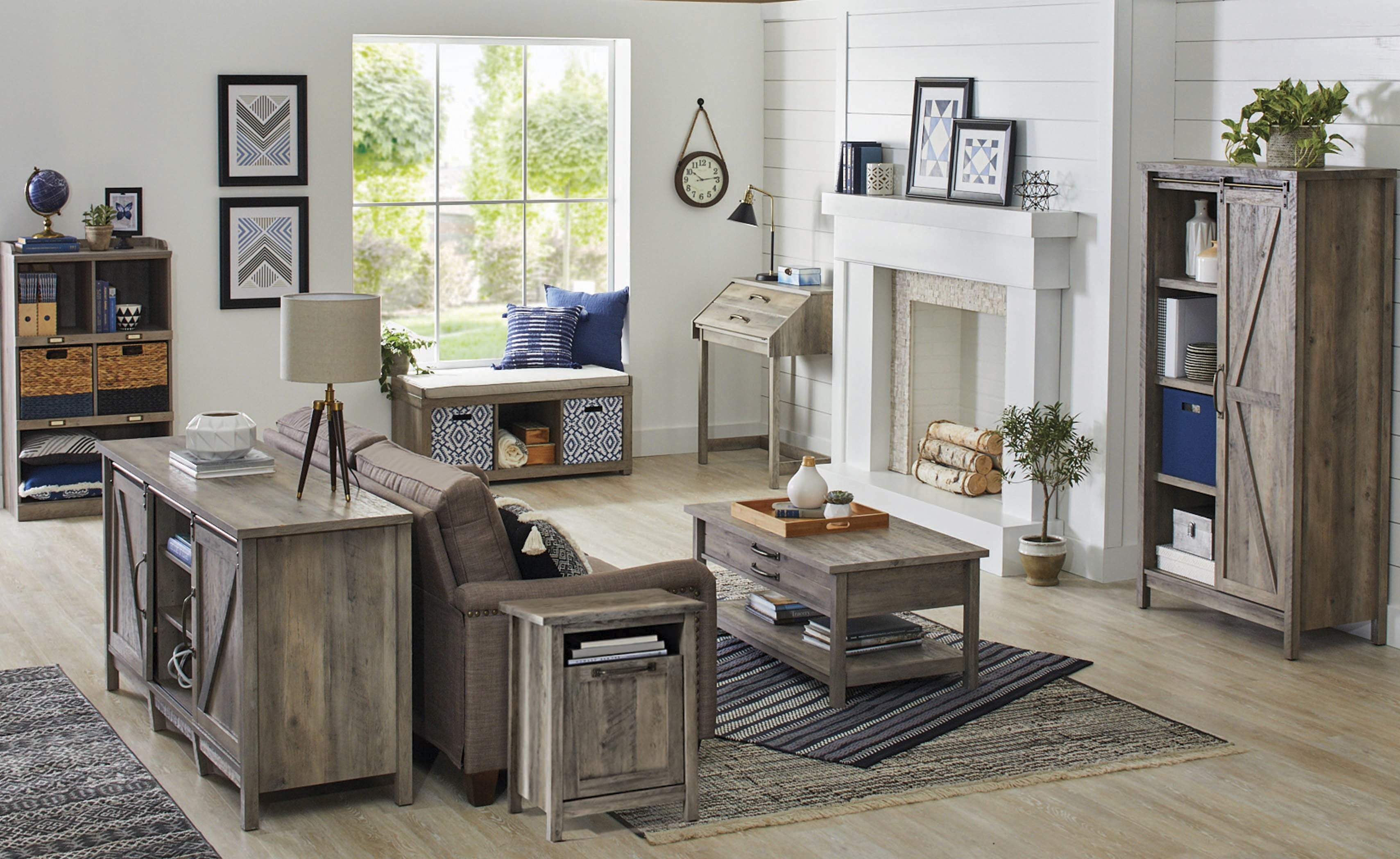  Modern Farmhouse Side Table with USB, Rustic Gray Finish