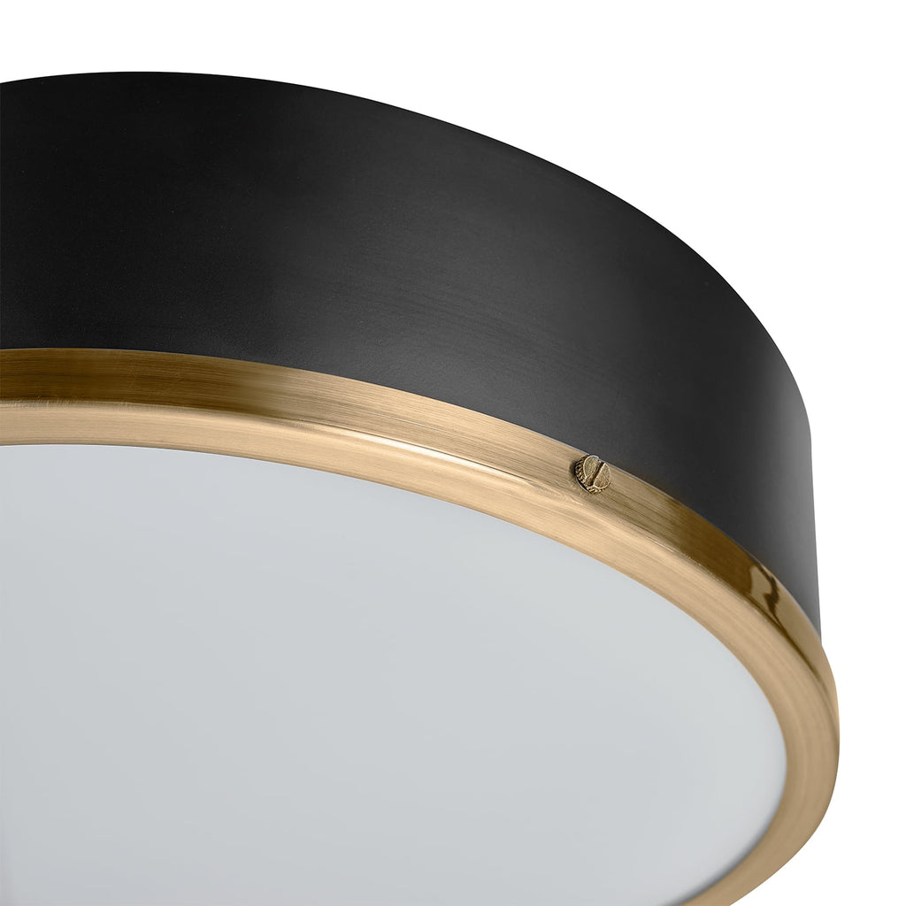  Irving Park 2-Light Flush Mount, Matte Black Finish, Burnished Brass Accents, Frosted Glass Shade, LED Bulbs Included