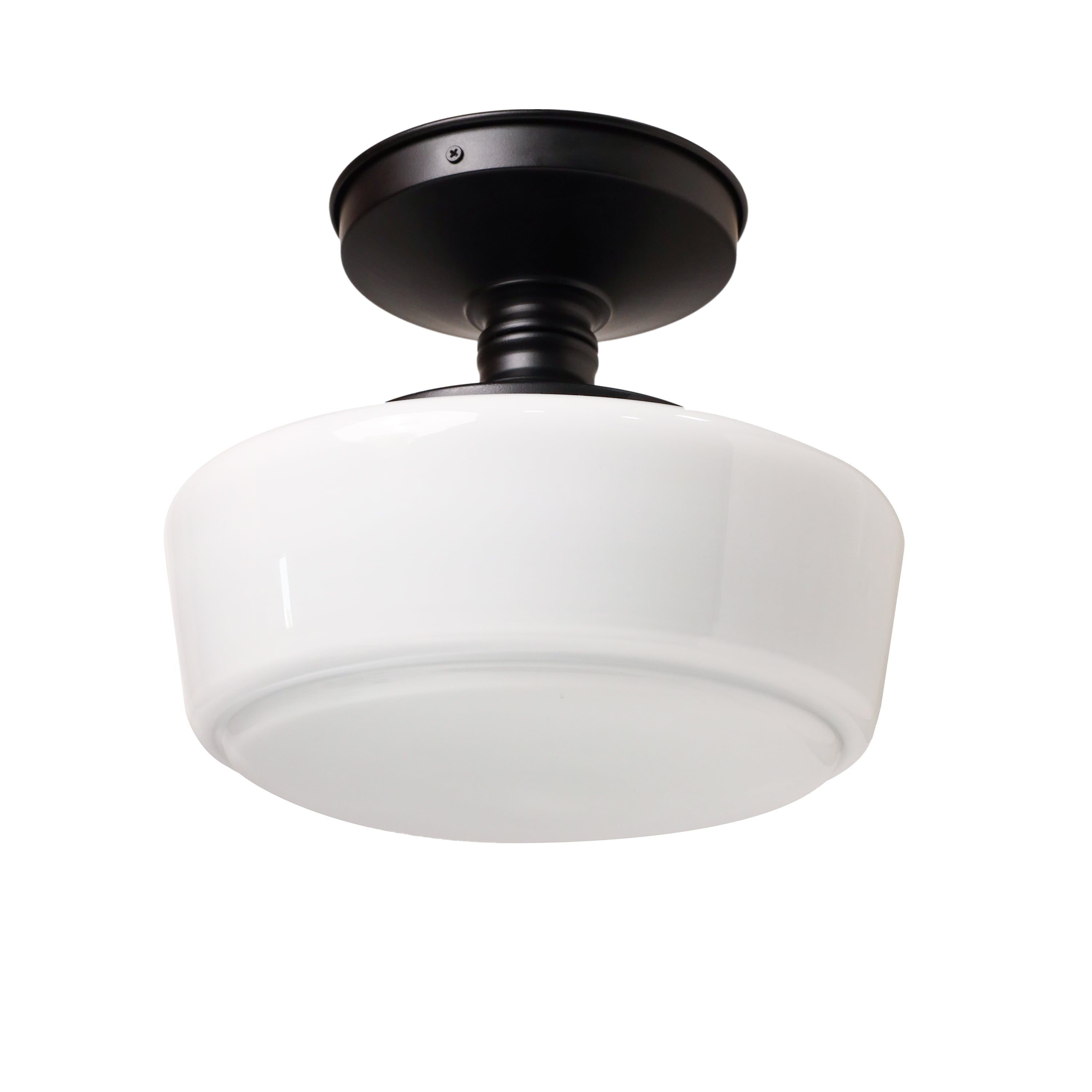  12in Black Metal and Milk Glass Semi Flush Light, Bulb Not Included