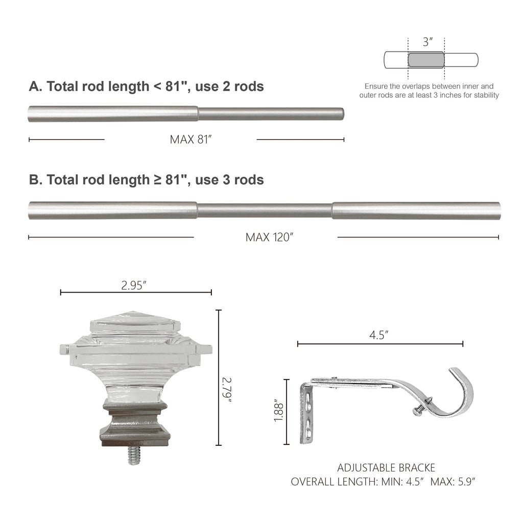  1� Clear Acrylic Square Single Curtain Rod, Brass, 42-120�