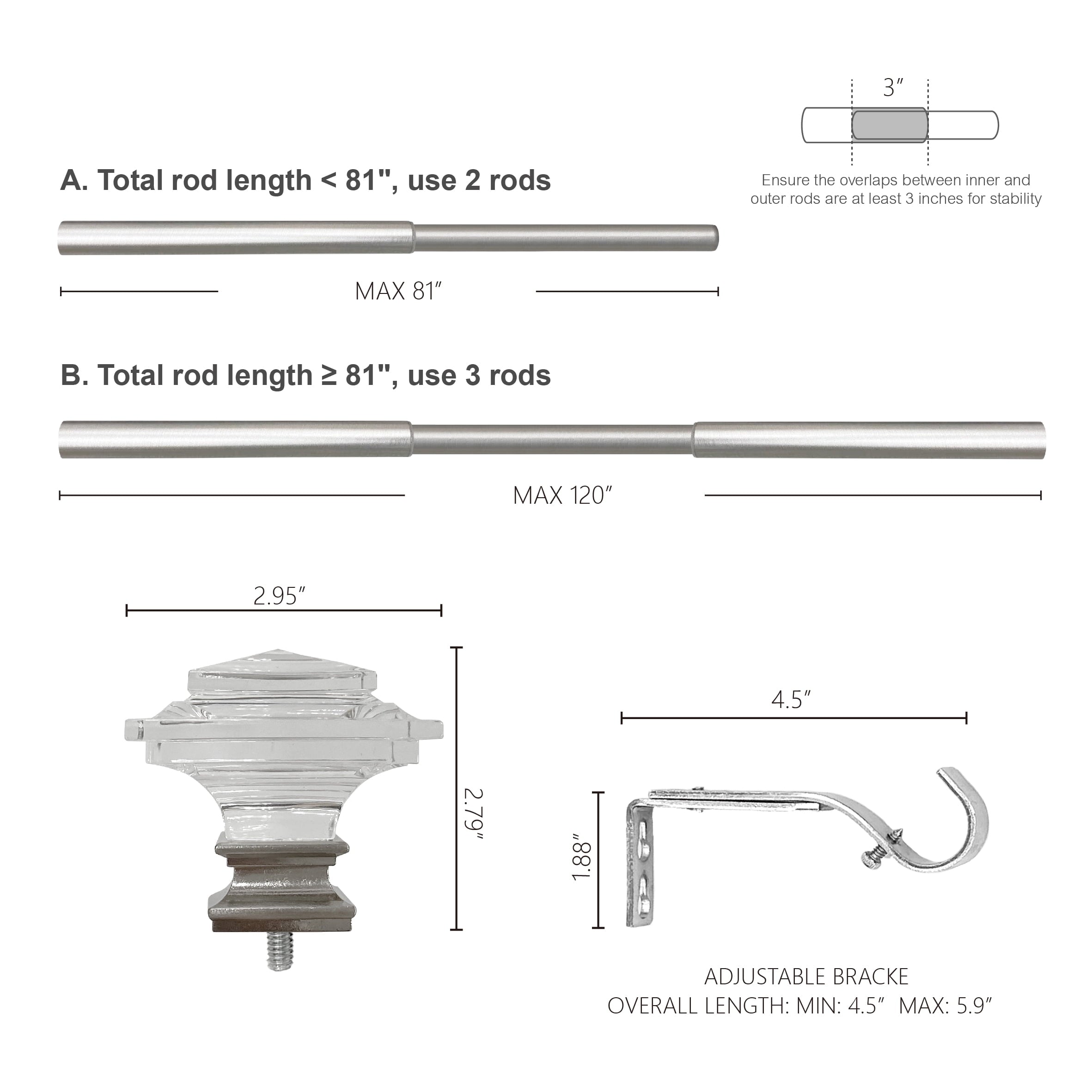  1� Clear Acrylic Square Single Curtain Rod, Brass, 42-120�