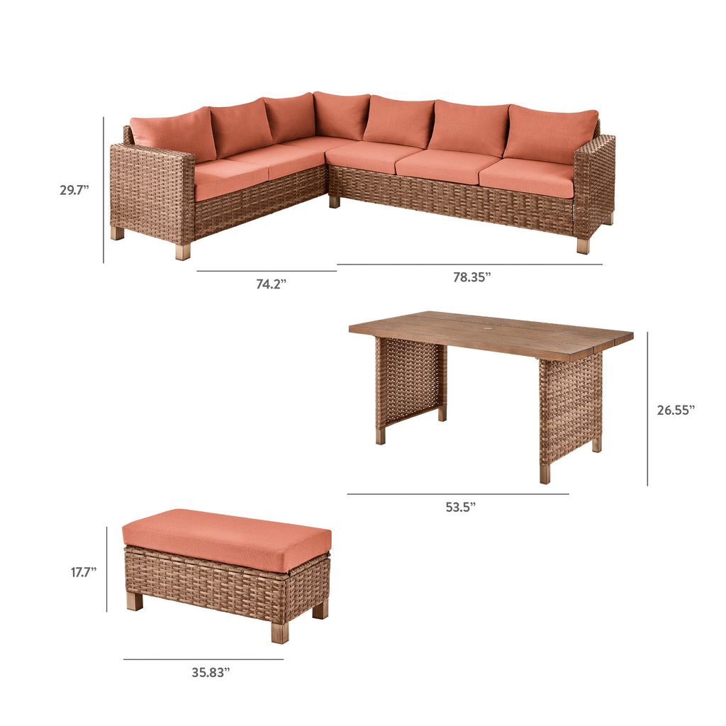  Brookbury 4-Piece Outdoor Wicker Patio Sectional Dining Set, Terracotta Cushions