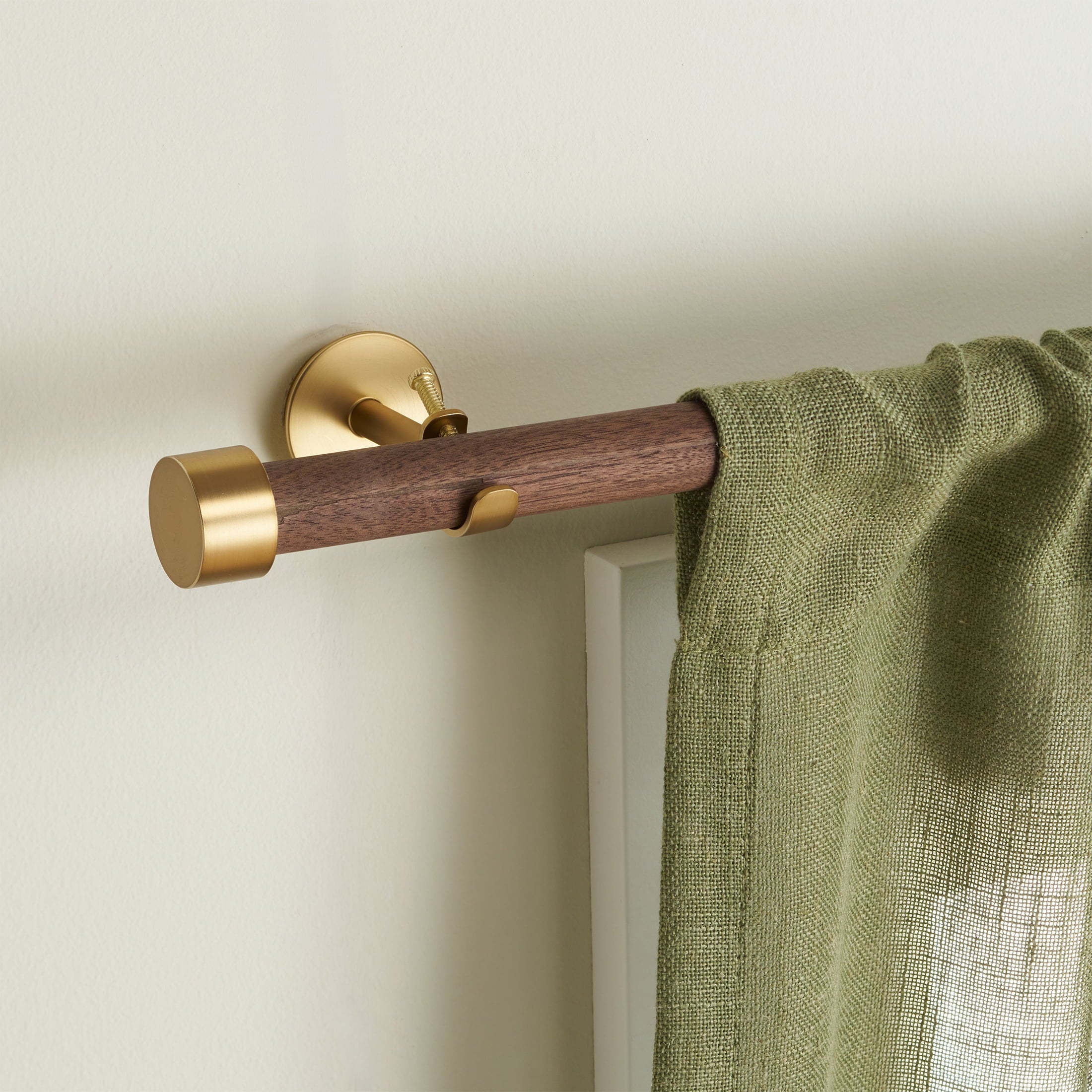  1� Walnut Wood and Brass Endcap Adjustable Single Curtain Rod, 32-120�