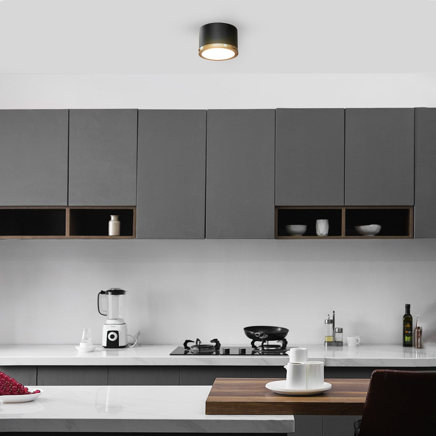  1- Light 6.5" Flush Mount Light Matte Black and Glass Shade with Bulbs