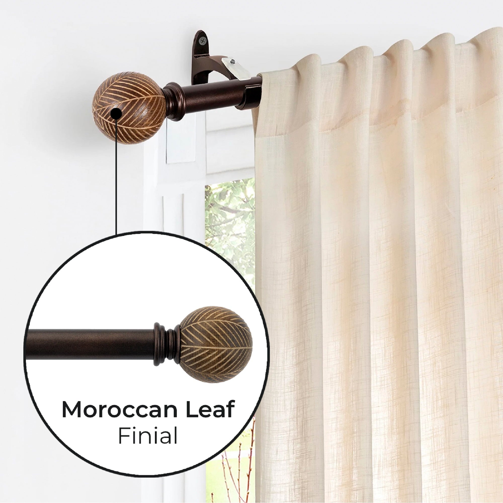  1 inch Extendible Curtain Rod 42" to 120" with Moroccan Leaf Finials Brown