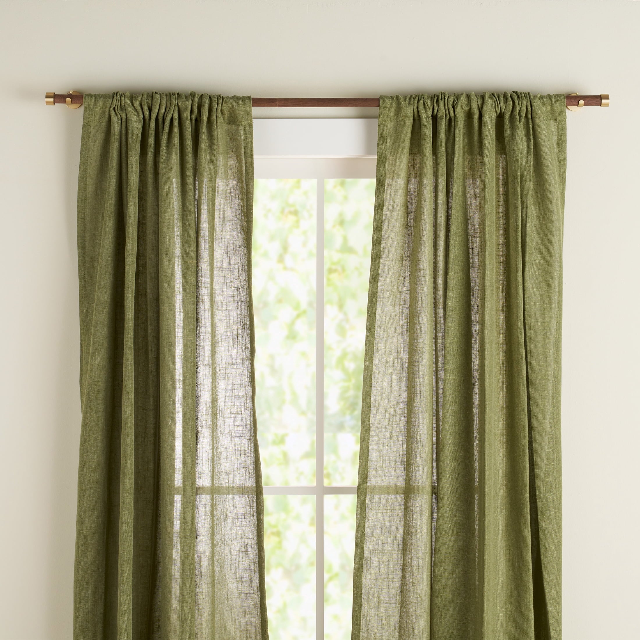  1� Walnut Wood and Brass Endcap Adjustable Single Curtain Rod, 32-120�