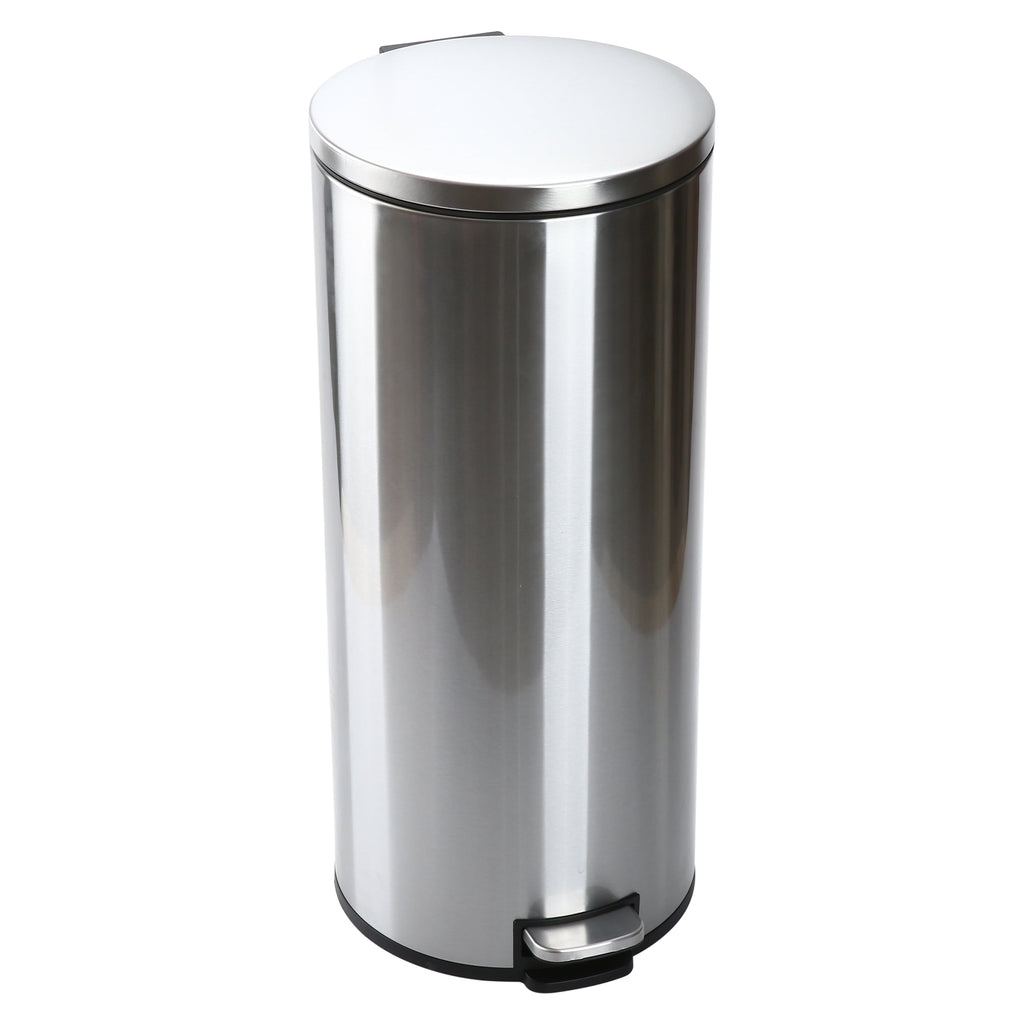  Kitchen Trash Can, 7.9 Gallon Stainless Steel Round Step Garbage Bin with Soft Close Lid, Silver