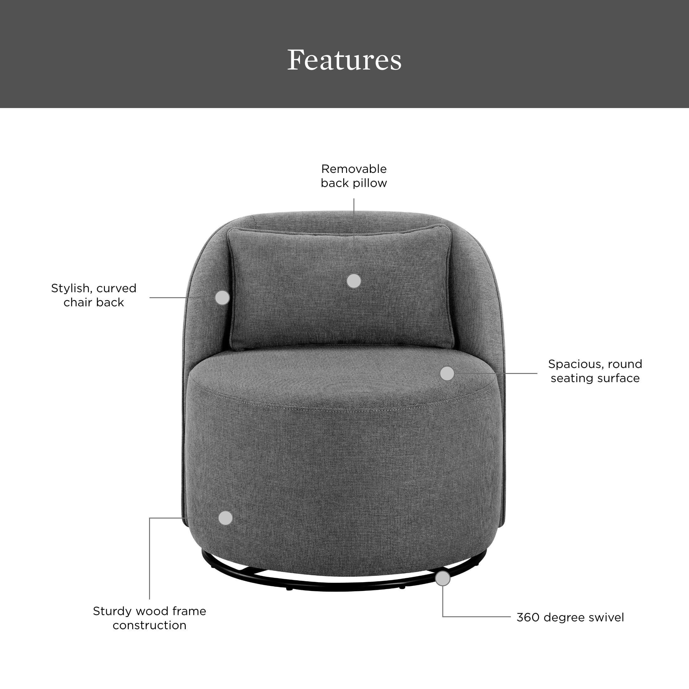  Juliet Modern Arch Swivel Accent Chair, Gray