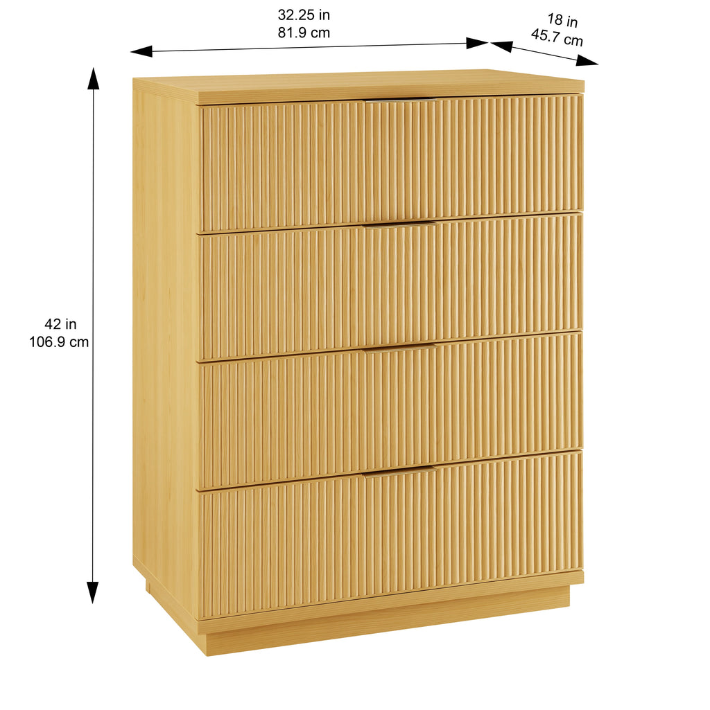  Lillian Fluted 4 Drawer Dresser, Natural Pine