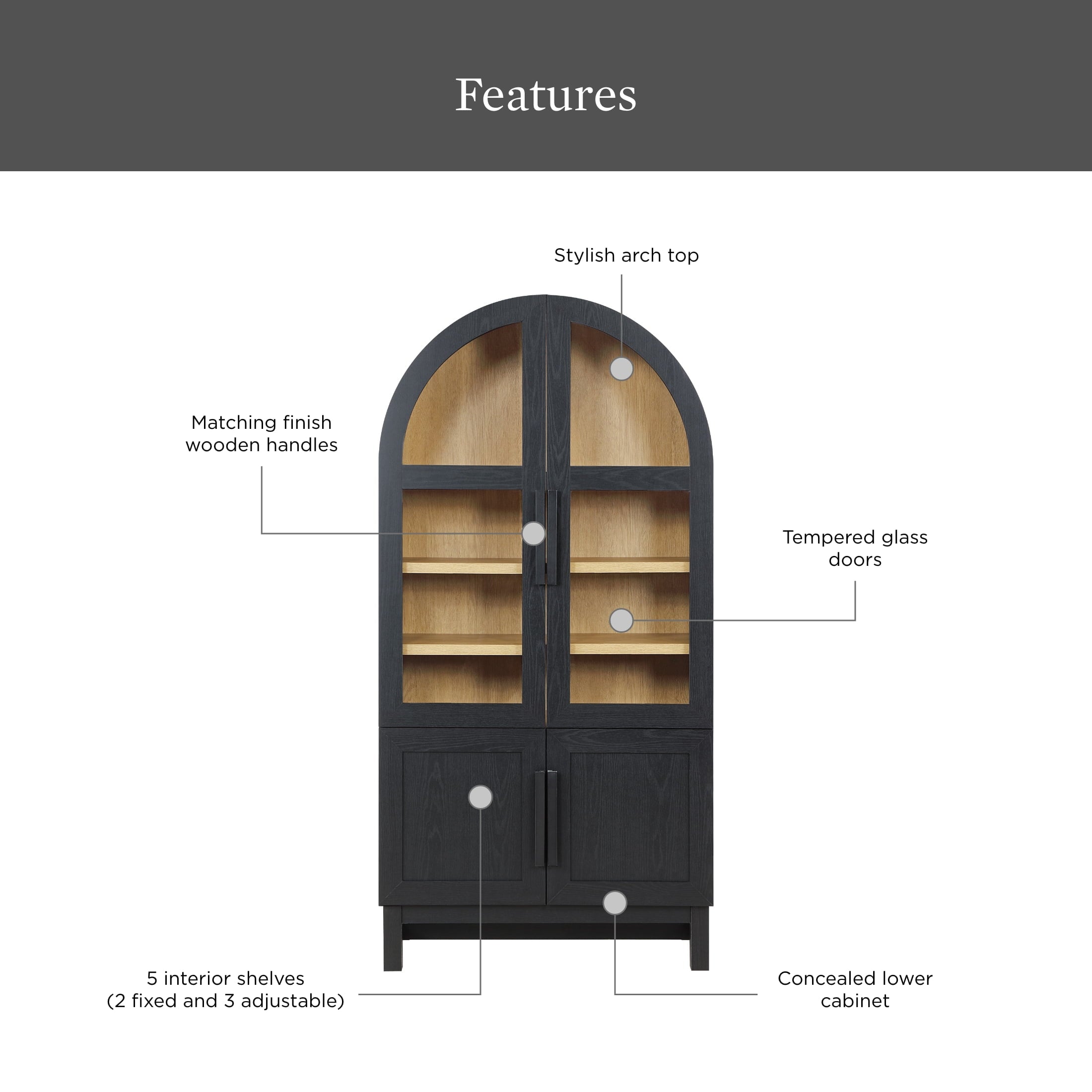  Juliet Kitchen Rounded Arch Cabinet, Rich Black