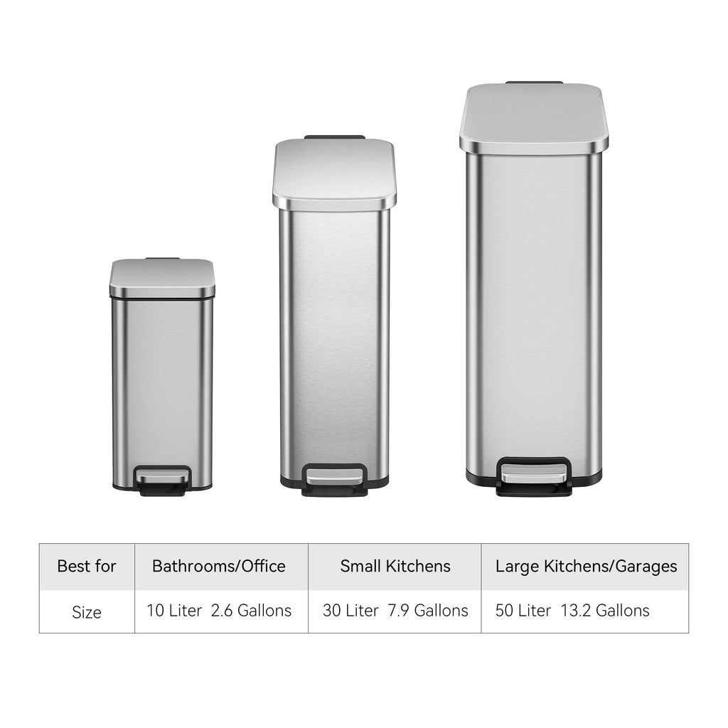  Kitchen Trash Can, 7.9 Gallon Stainless Steel Slim Step Garbage Bin with Soft Close Lid, Silver