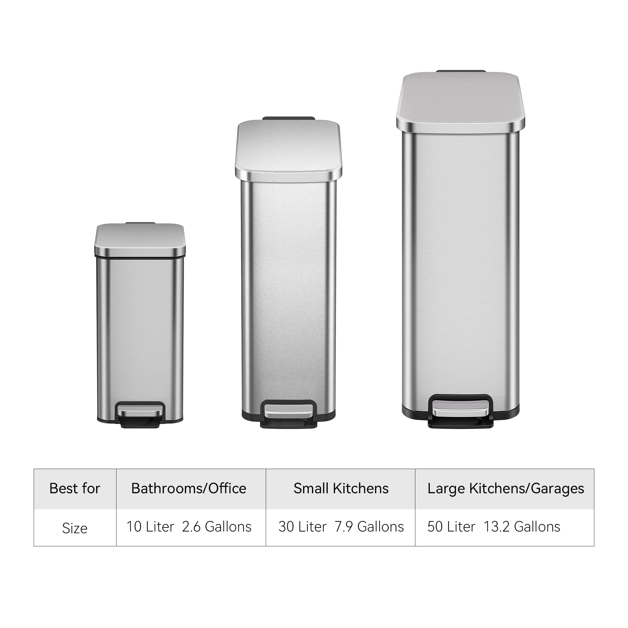  Kitchen Trash Can, 7.9 Gallon Stainless Steel Slim Step Garbage Bin with Soft Close Lid, Silver