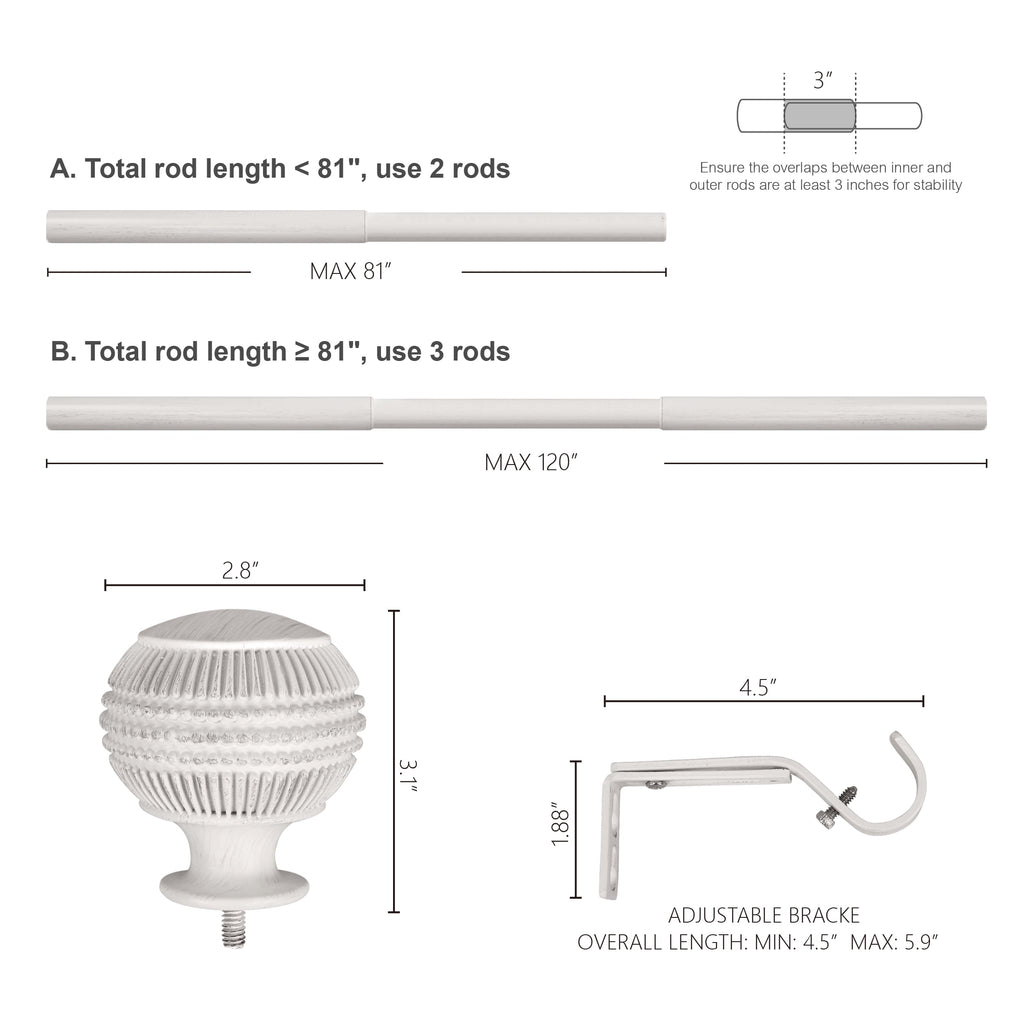  1" Textured Knob Curtain Rod, 42-120", White