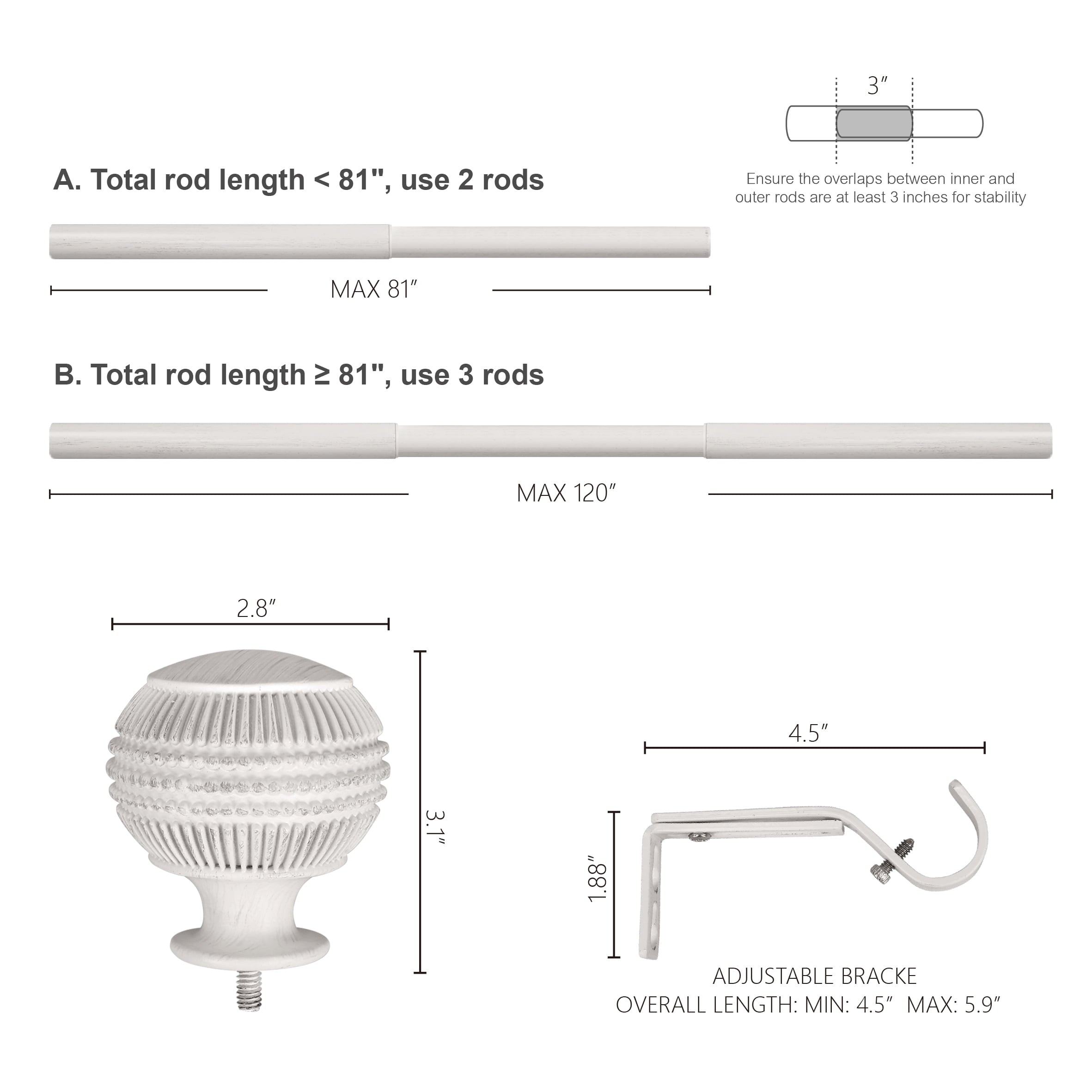  1" Textured Knob Curtain Rod, 42-120", White