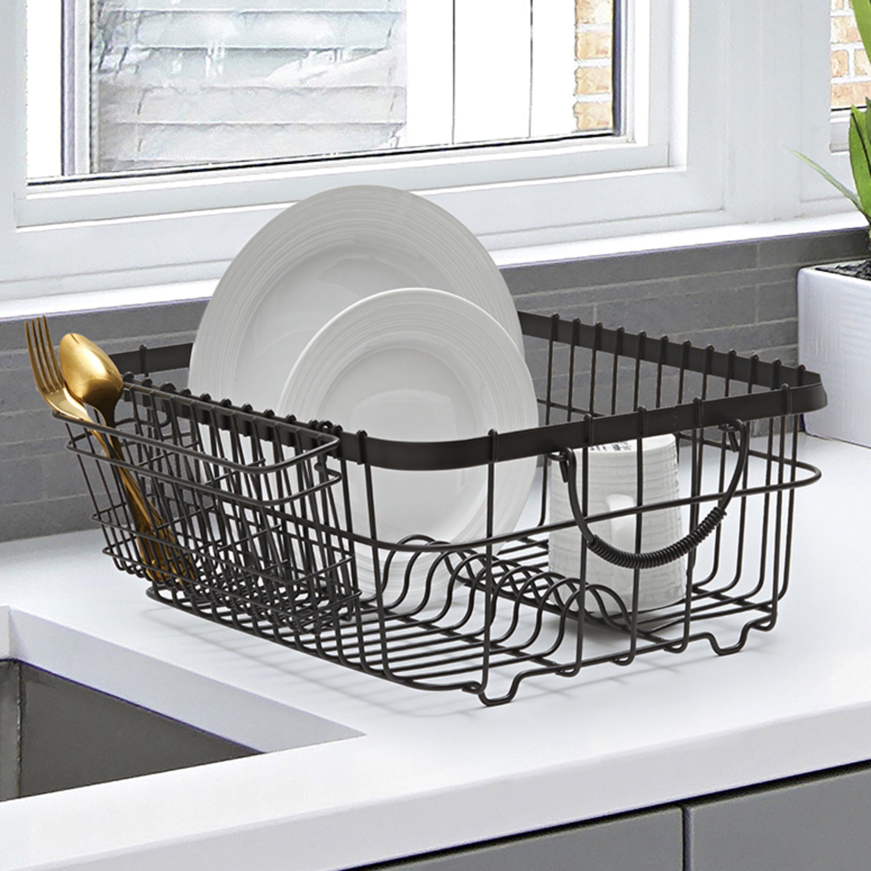  Metal Dish Rack with Caddy, Antique Gray, Best Used for Dish Drying and Sink Organization