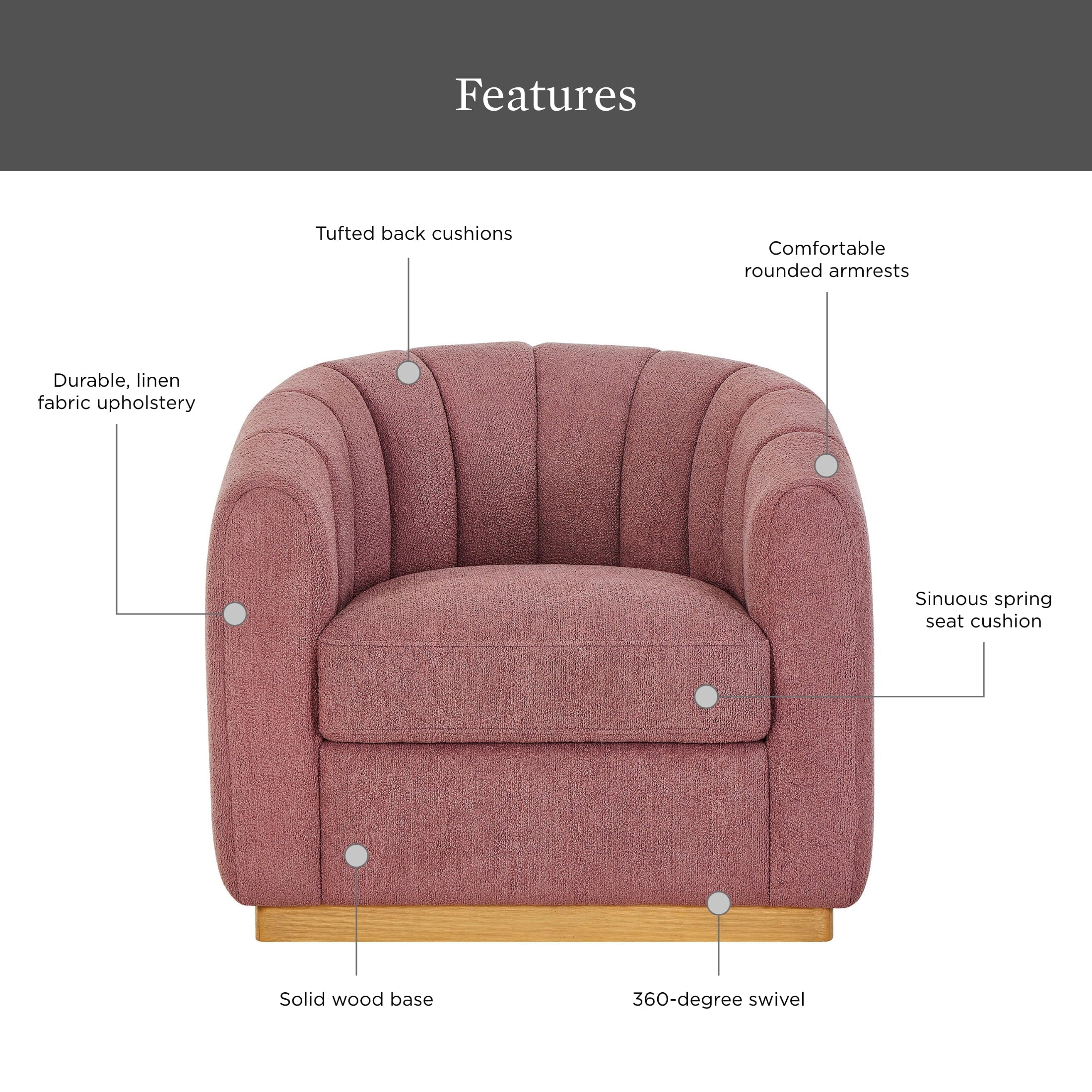  Lillian Accent Swivel Chair, Rose Boucle