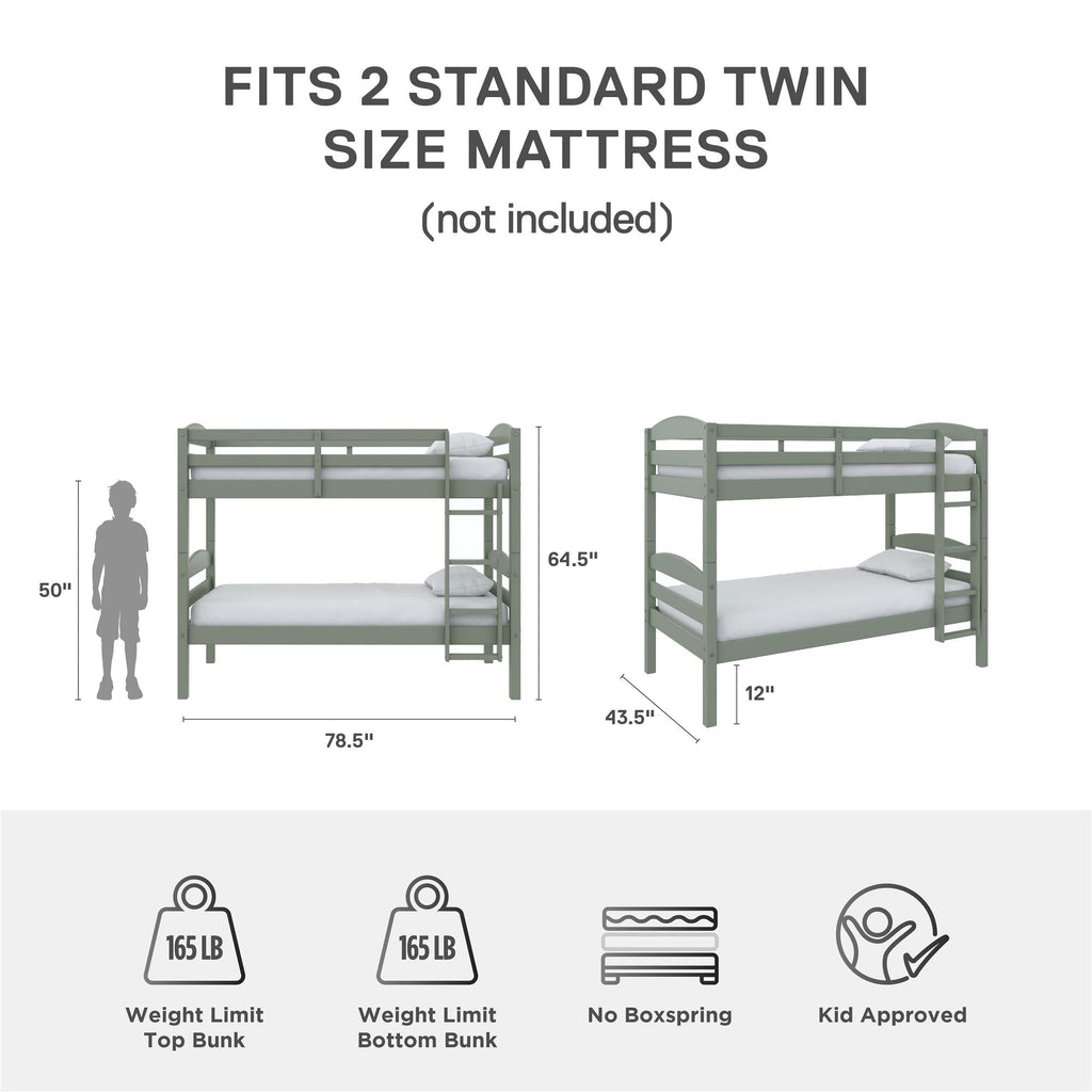 (2 pack)  Leighton Kids Solid Wood Twin-over-Twin Convertible Bunk Bed with Ladder and Guardrails, Sage Green