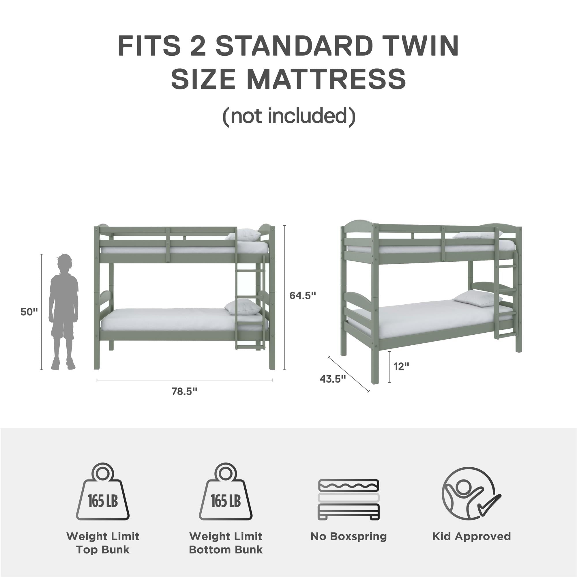 (2 pack)  Leighton Kids Solid Wood Twin-over-Twin Convertible Bunk Bed with Ladder and Guardrails, Sage Green