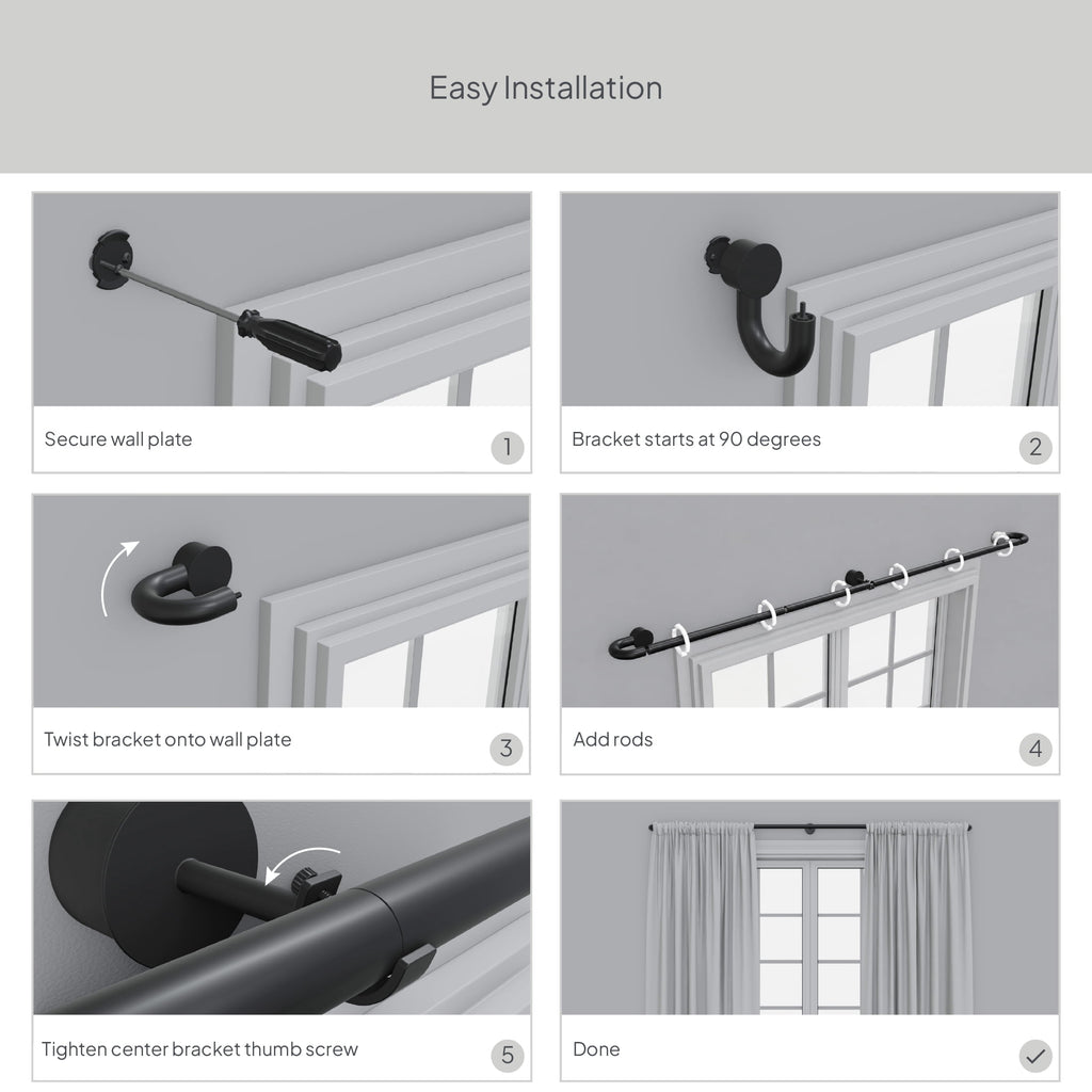  1" Brass Swooping Adjustable Single Curtain Rod, 32-120"